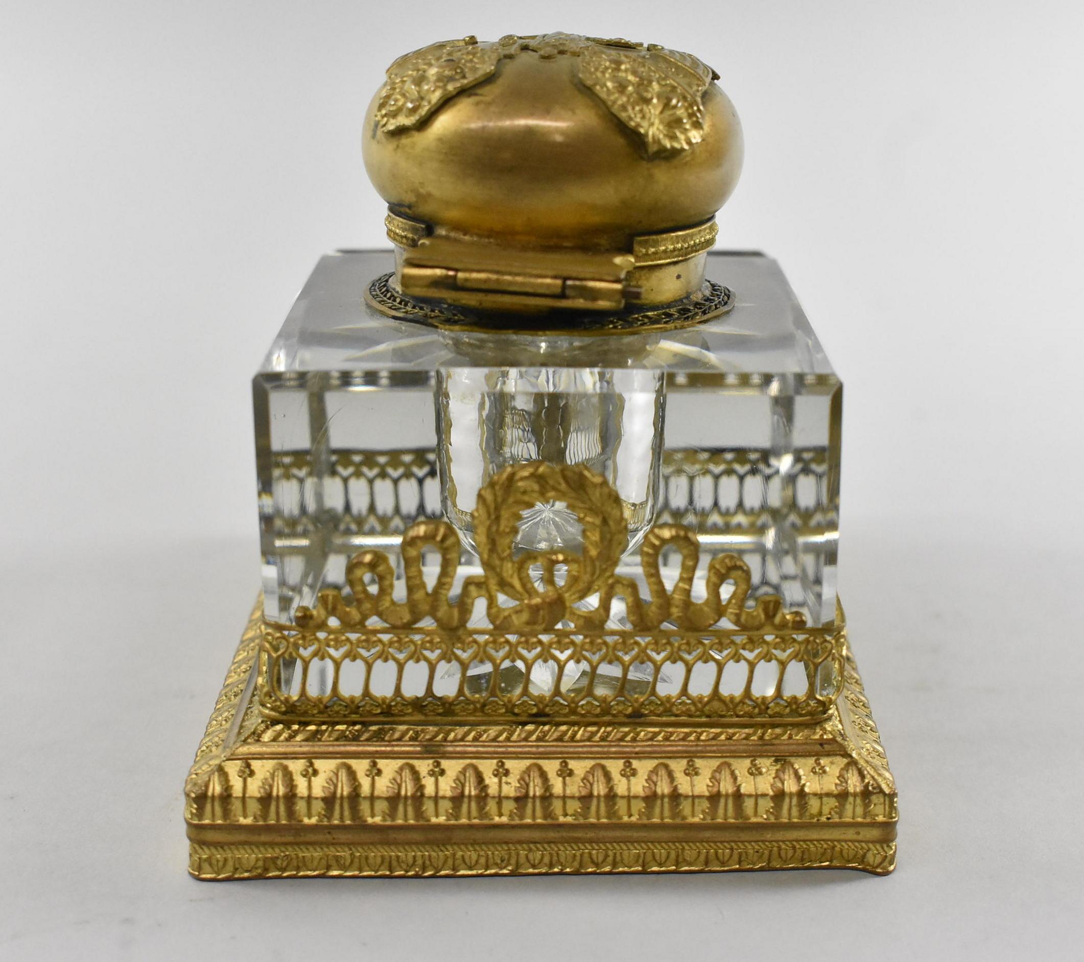 Unknown Gold Gilded French Cut Glass Inkwell Hera with Peacock, Eagle Relief For Sale