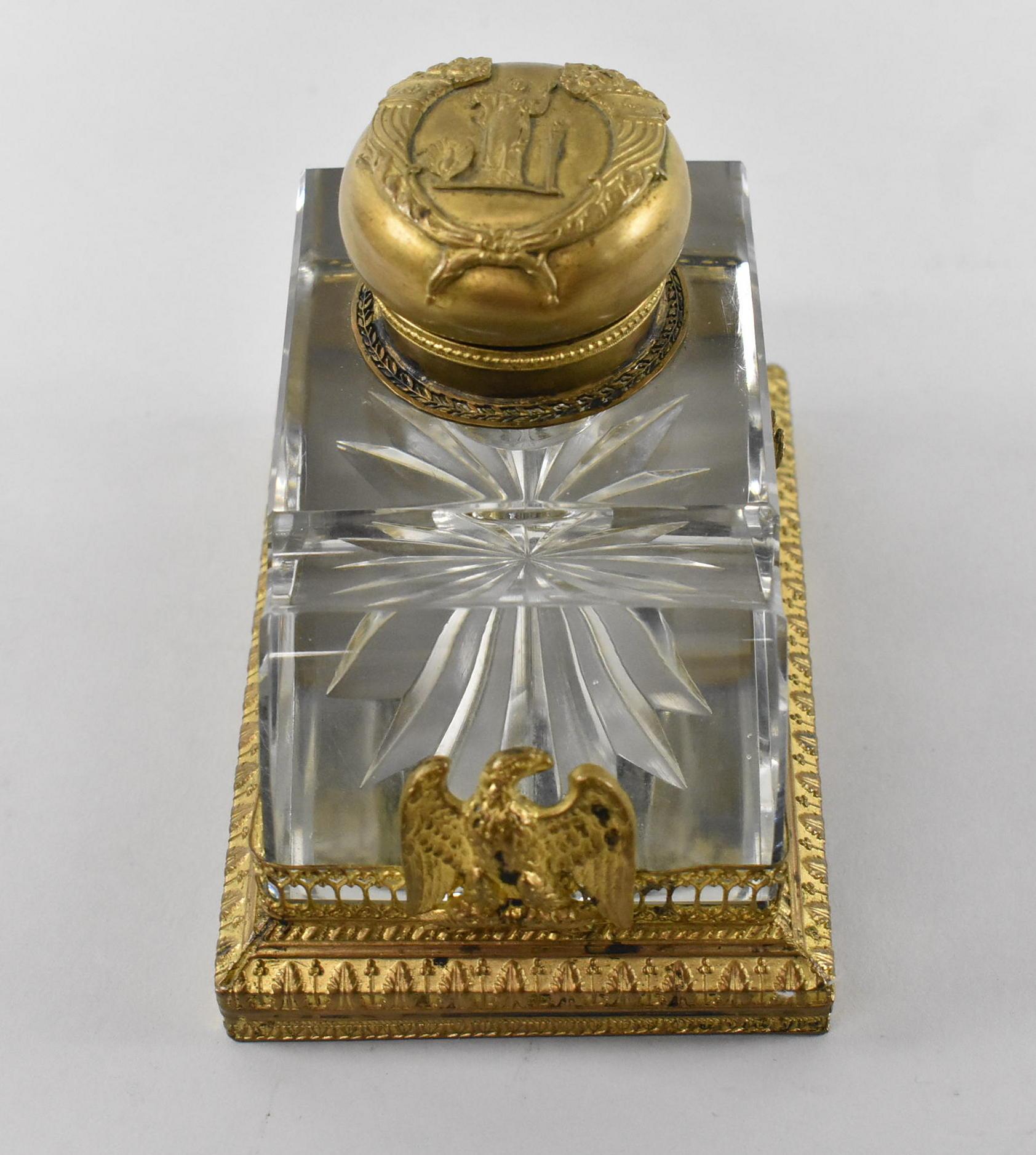 Fired Gold Gilded French Cut Glass Inkwell Hera with Peacock, Eagle Relief For Sale