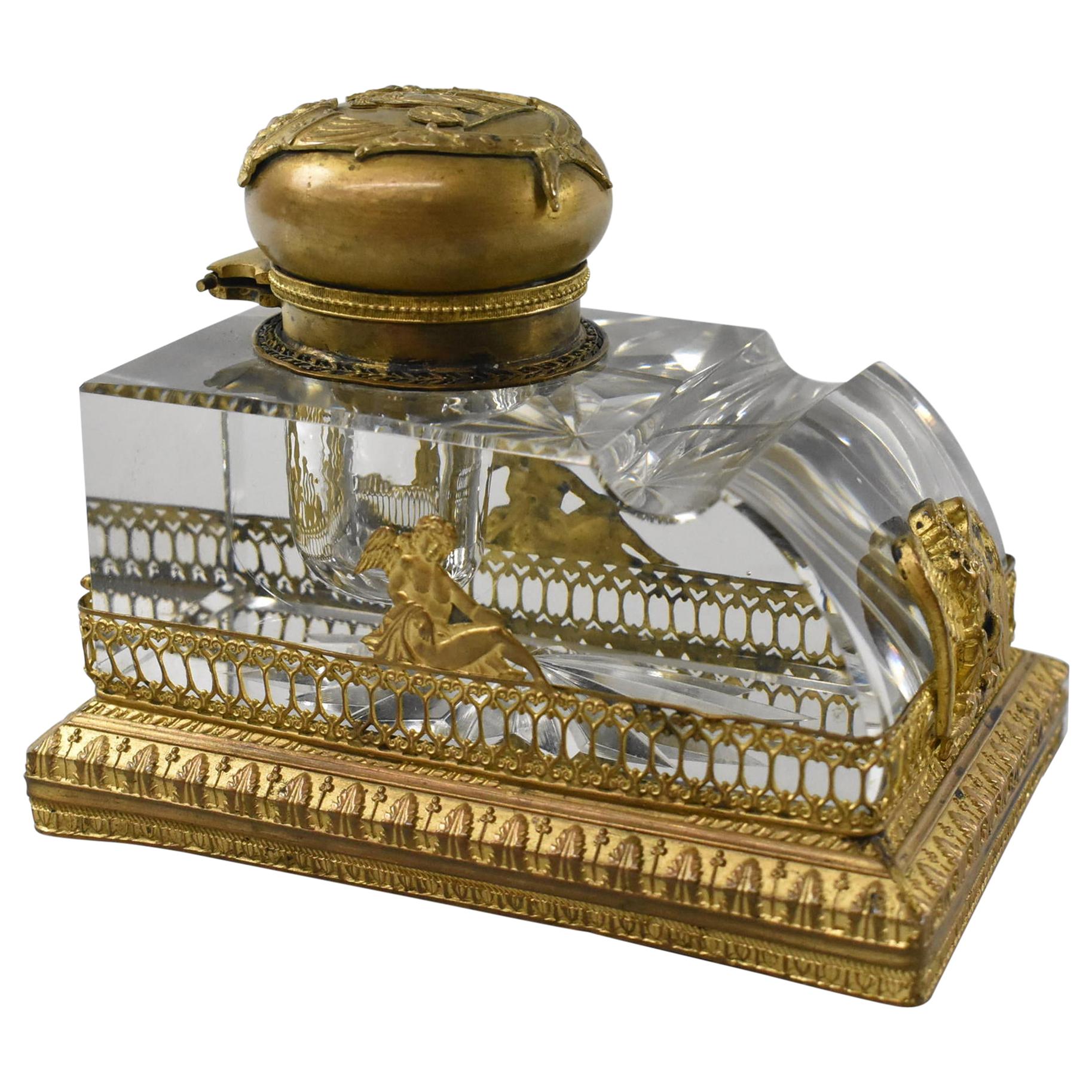 Gold Gilded French Cut Glass Inkwell Hera with Peacock, Eagle Relief