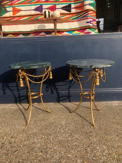 Gold Gilded Rope and Tassels Green Marble Italian Side Table #1 Hollywood Regenc