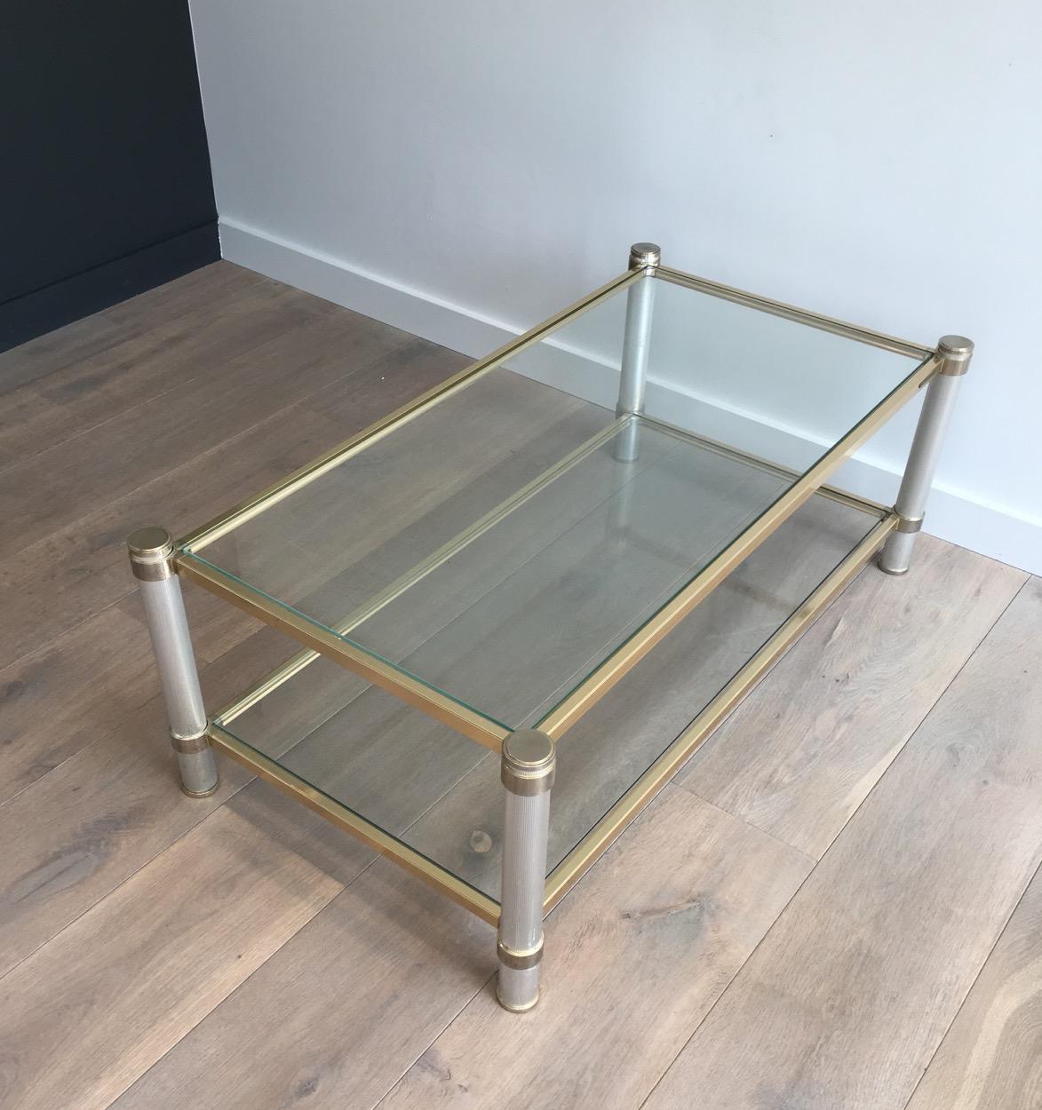  Gold Gilt and Silver Color Aluminium Coffee table with Fluted Legs by P. Vandel For Sale 4