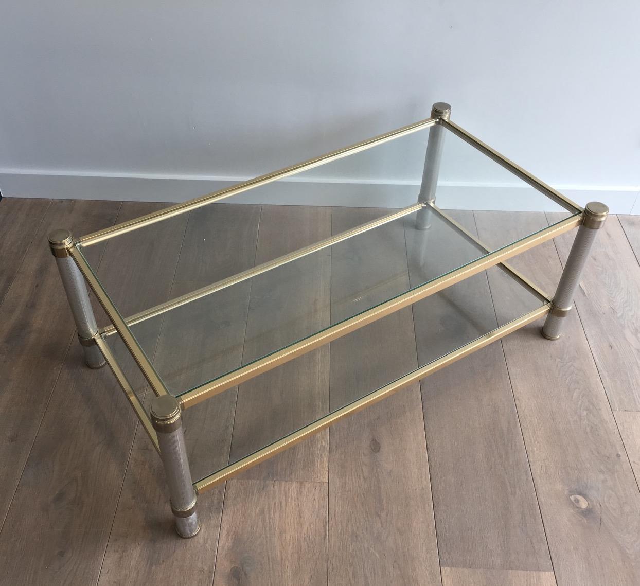  Gold Gilt and Silver Color Aluminium Coffee table with Fluted Legs by P. Vandel For Sale 6