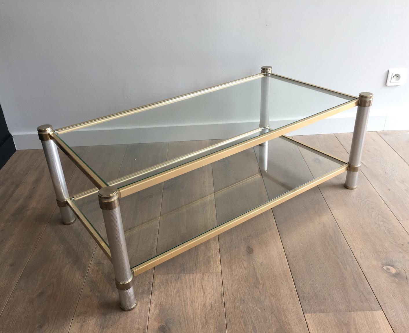 Gold Gilt and Silver Color Aluminium Coffee table with Fluted Legs by P. Vandel For Sale 7