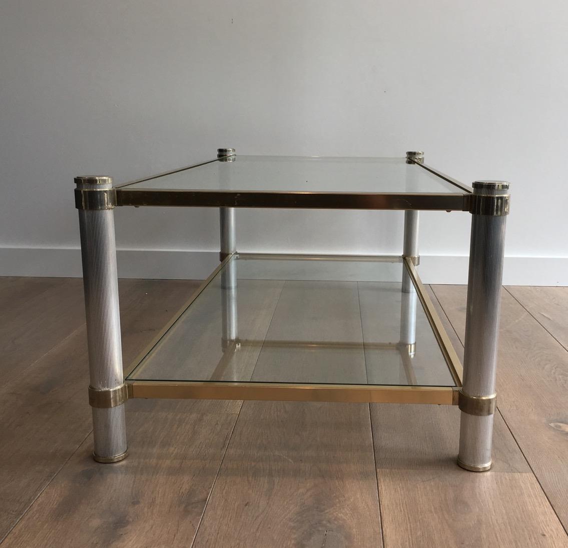  Gold Gilt and Silver Color Aluminium Coffee table with Fluted Legs by P. Vandel For Sale 8