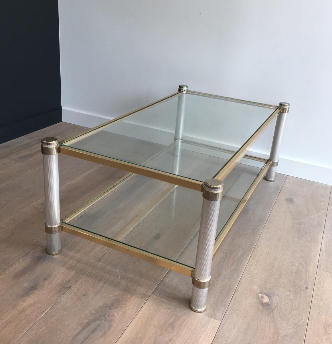  Gold Gilt and Silver Color Aluminium Coffee table with Fluted Legs by P. Vandel For Sale 9