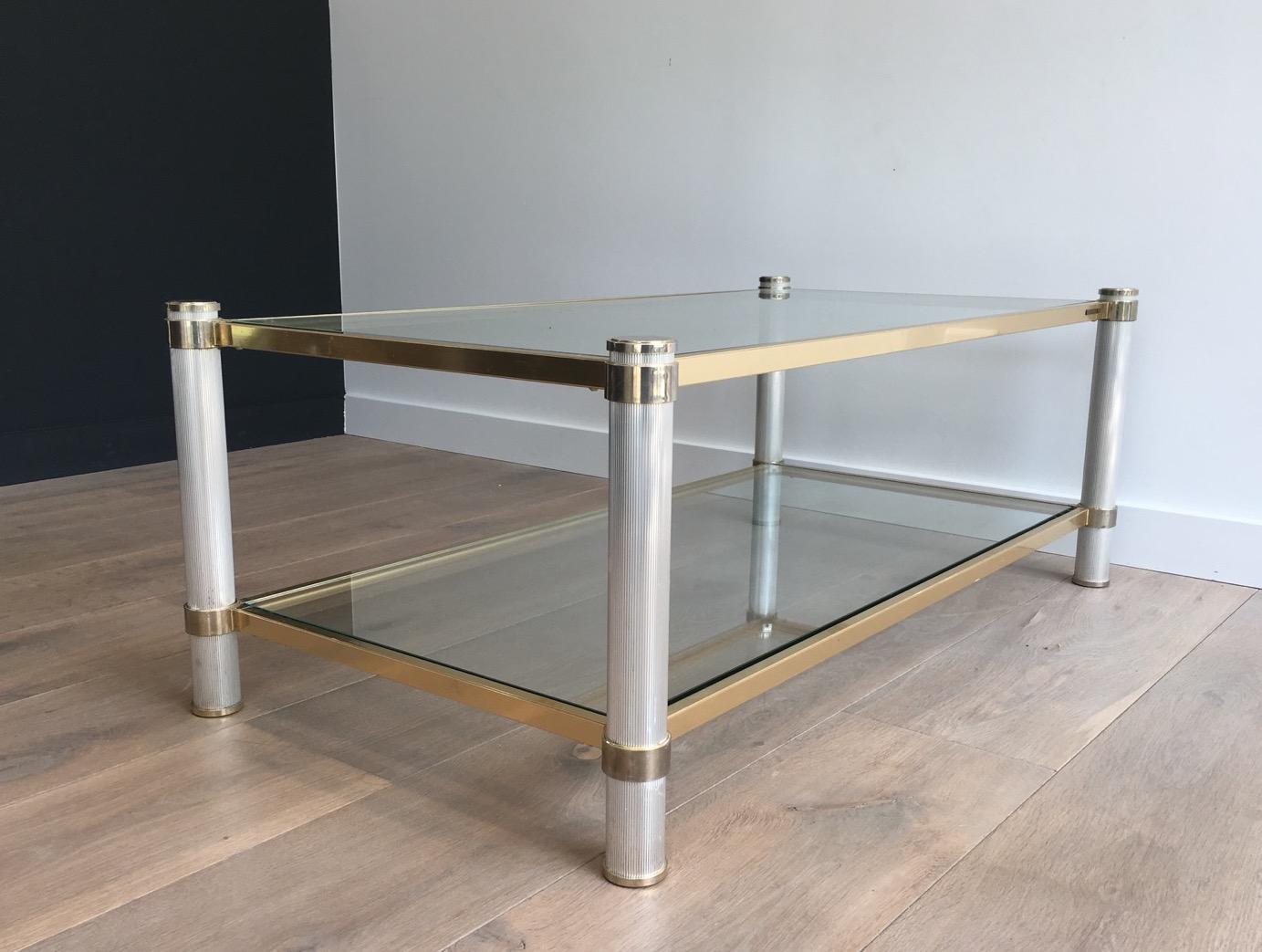  Gold Gilt and Silver Color Aluminium Coffee table with Fluted Legs by P. Vandel For Sale 10