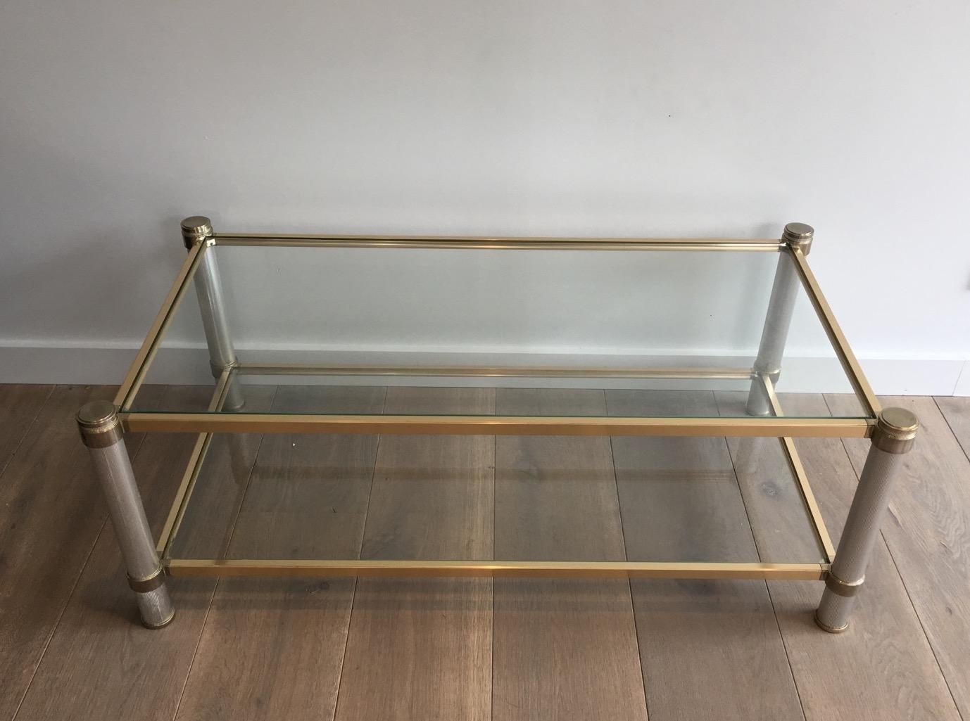  Gold Gilt and Silver Color Aluminium Coffee table with Fluted Legs by P. Vandel For Sale 11
