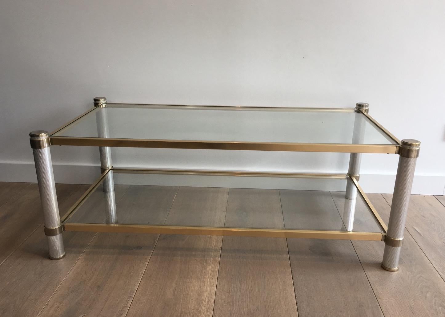  Gold Gilt and Silver Color Aluminium Coffee table with Fluted Legs by P. Vandel For Sale 12