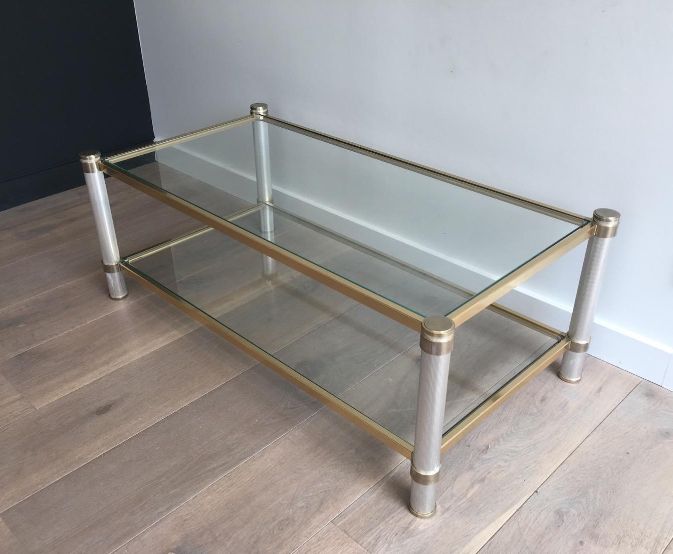 Mid-Century Modern  Gold Gilt and Silver Color Aluminium Coffee table with Fluted Legs by P. Vandel For Sale