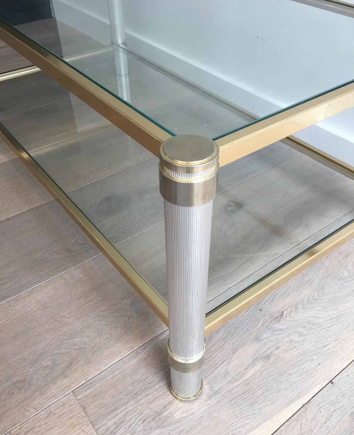 French  Gold Gilt and Silver Color Aluminium Coffee table with Fluted Legs by P. Vandel For Sale