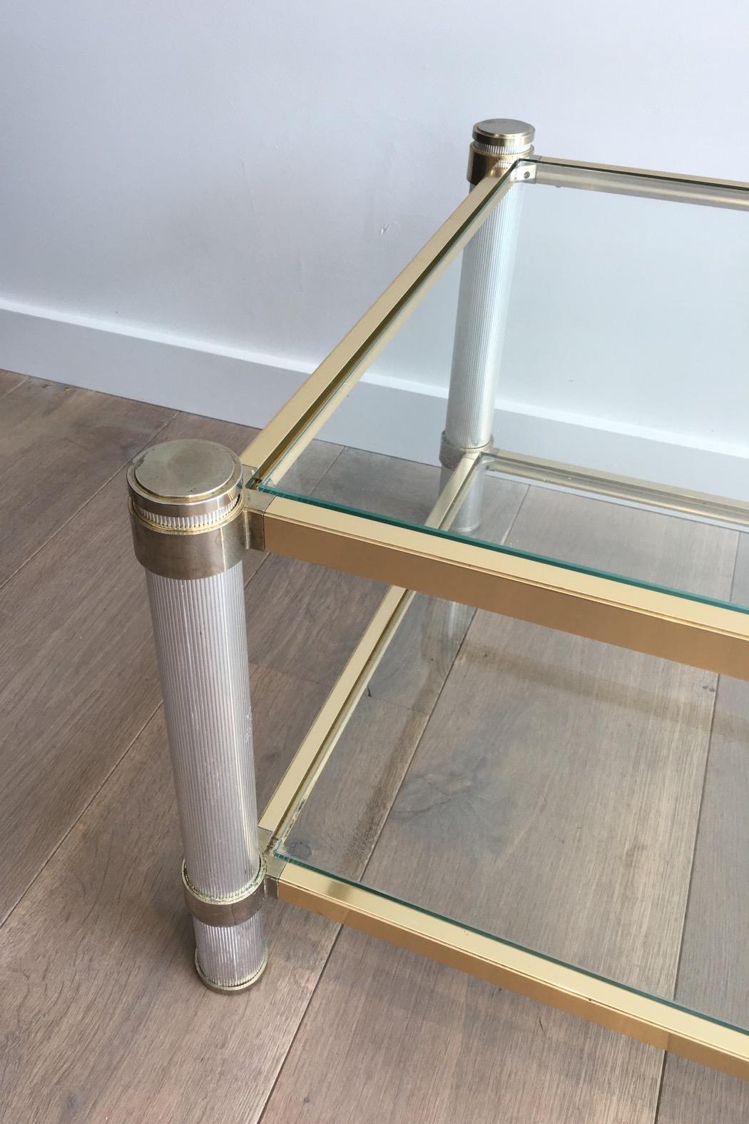 Aluminum  Gold Gilt and Silver Color Aluminium Coffee table with Fluted Legs by P. Vandel For Sale