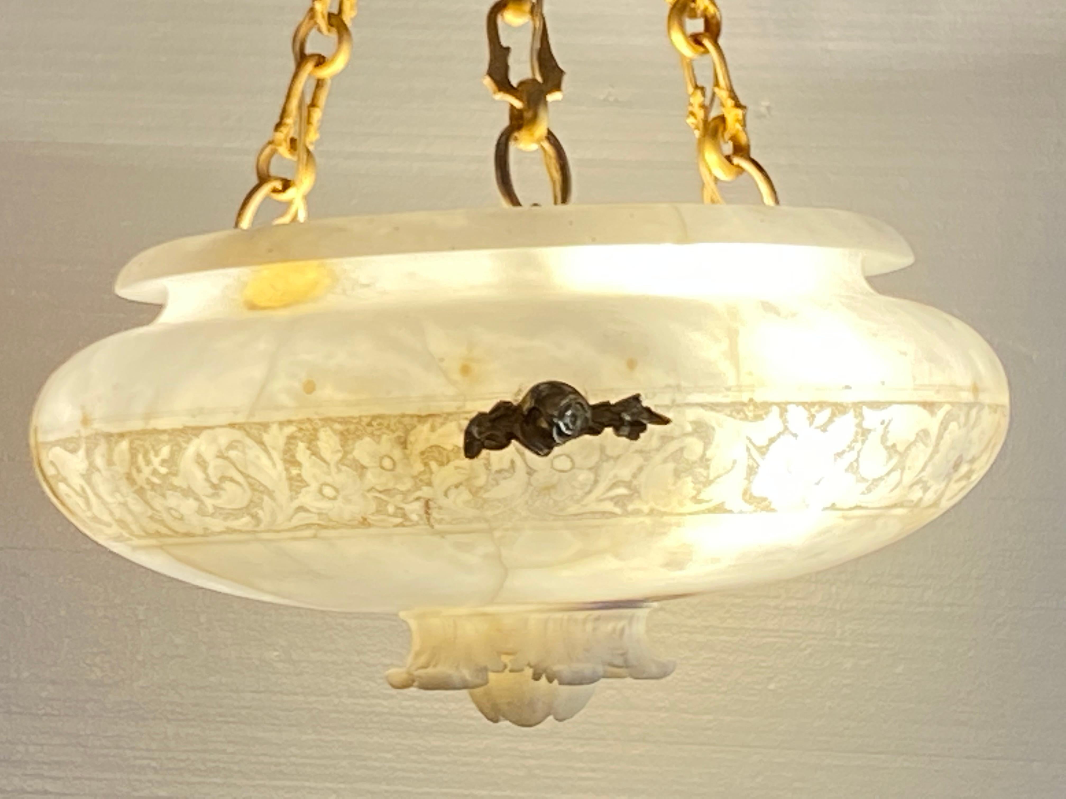 Italian Gold Gilt Bronze Alabaster Floral Motif Chandelier For Sale