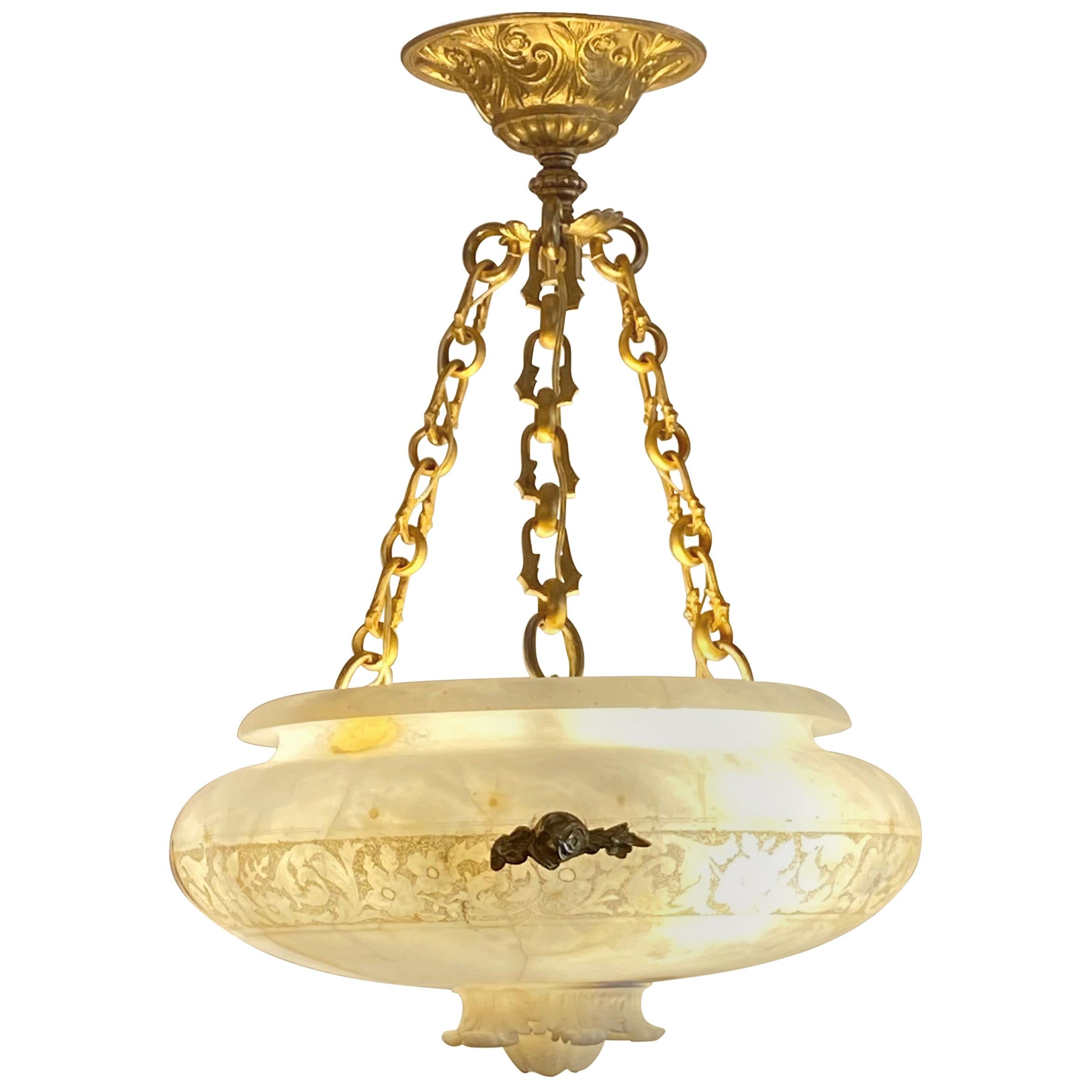 Gold Gilt Bronze Alabaster Floral Motif Chandelier For Sale