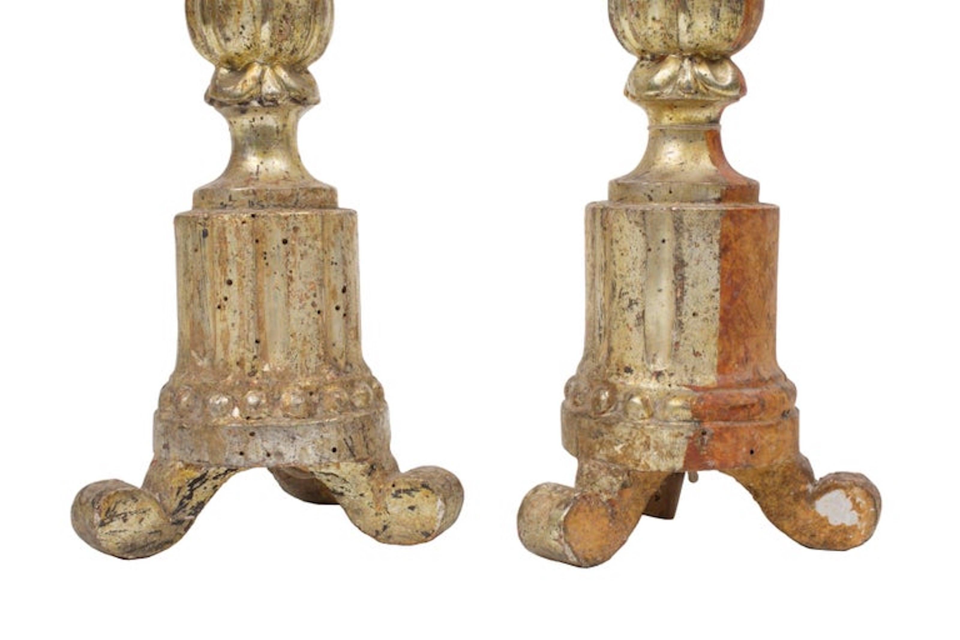 Gold Gilt Candlesticks, Pair, Italian, 19th Century. In Fair Condition In New Orleans, LA