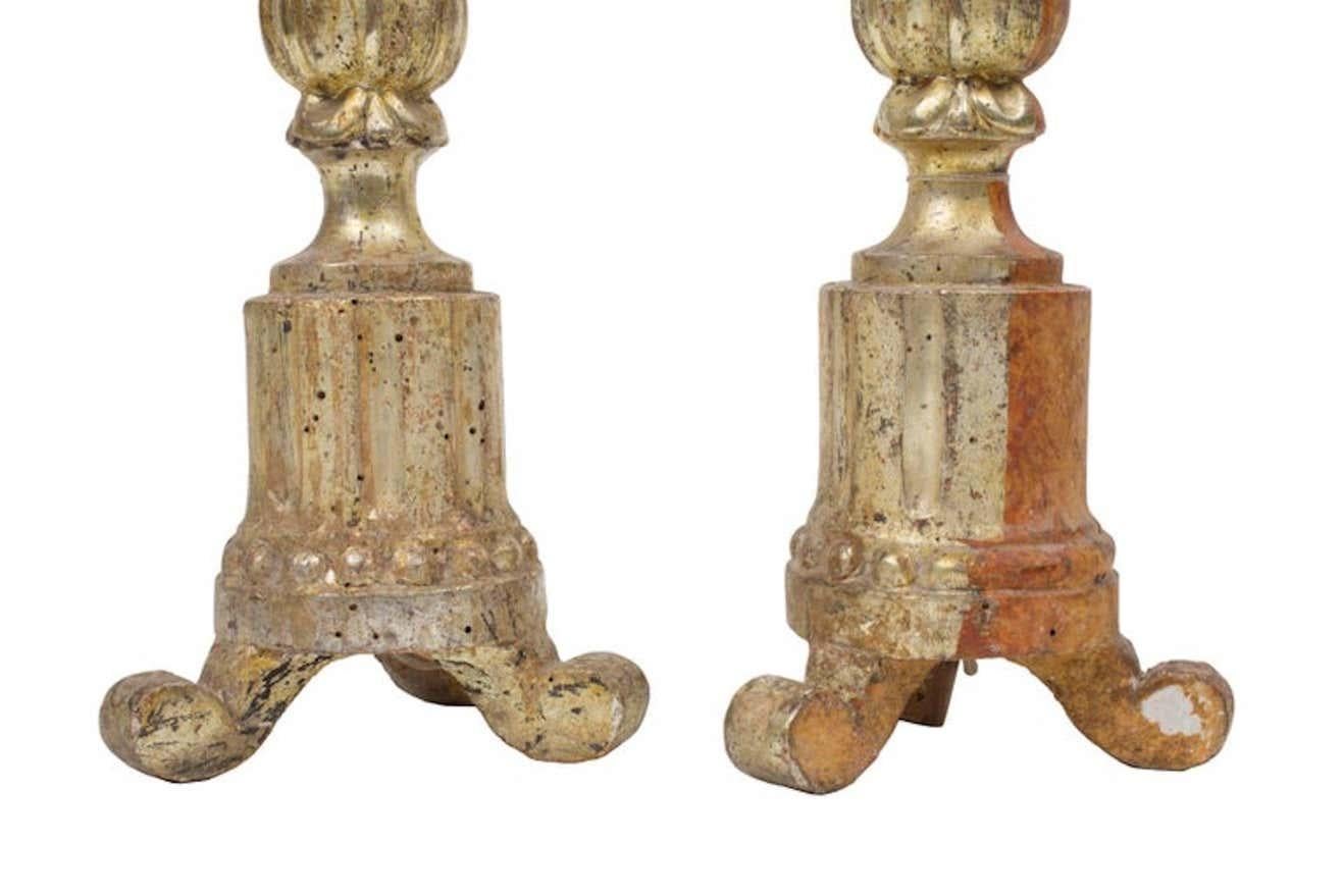 Gold Gilt Candlesticks, Pair, Italian, 19th Century In Fair Condition In New Orleans, LA