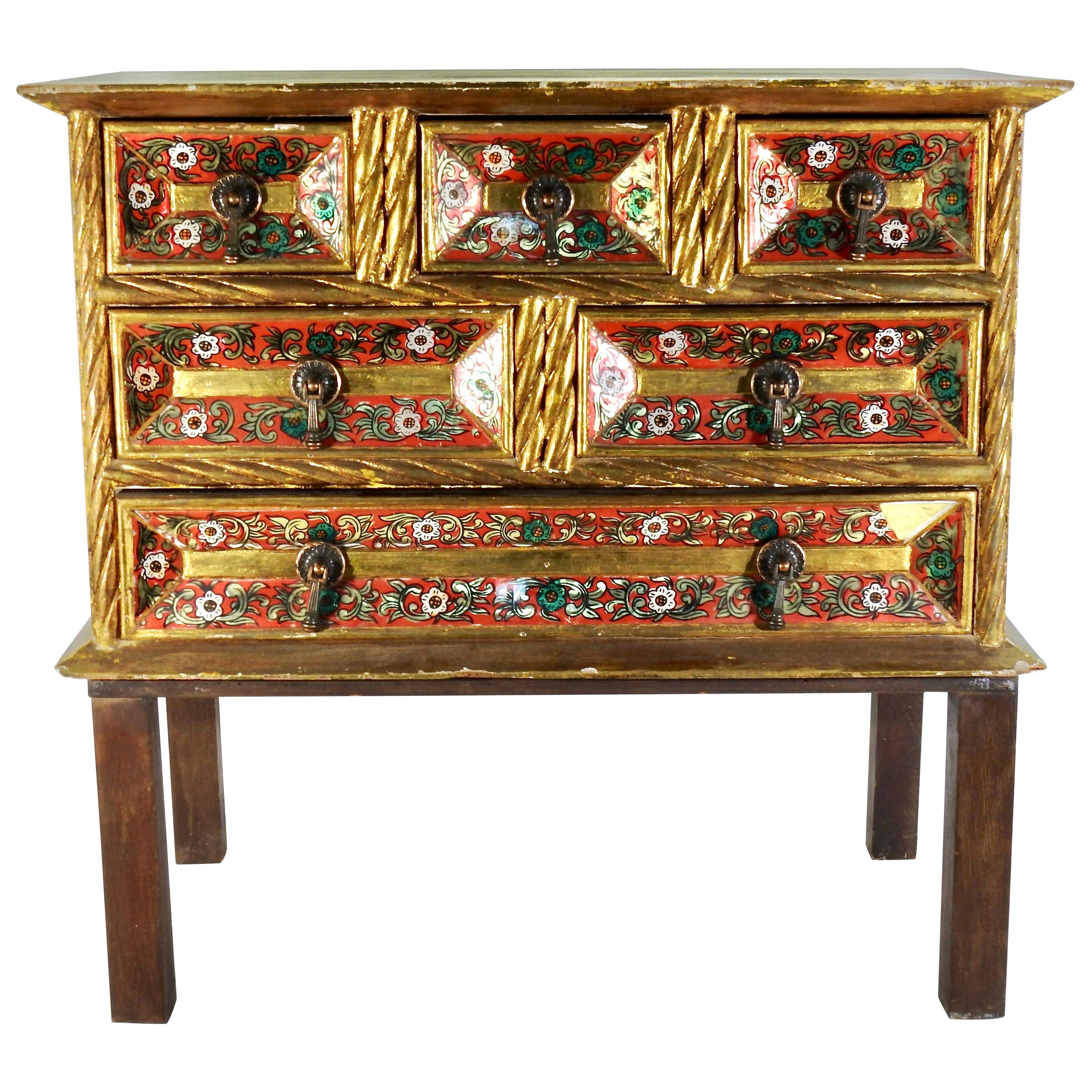 Gold Gilt Chest with Reverse Painted Glass on Stand