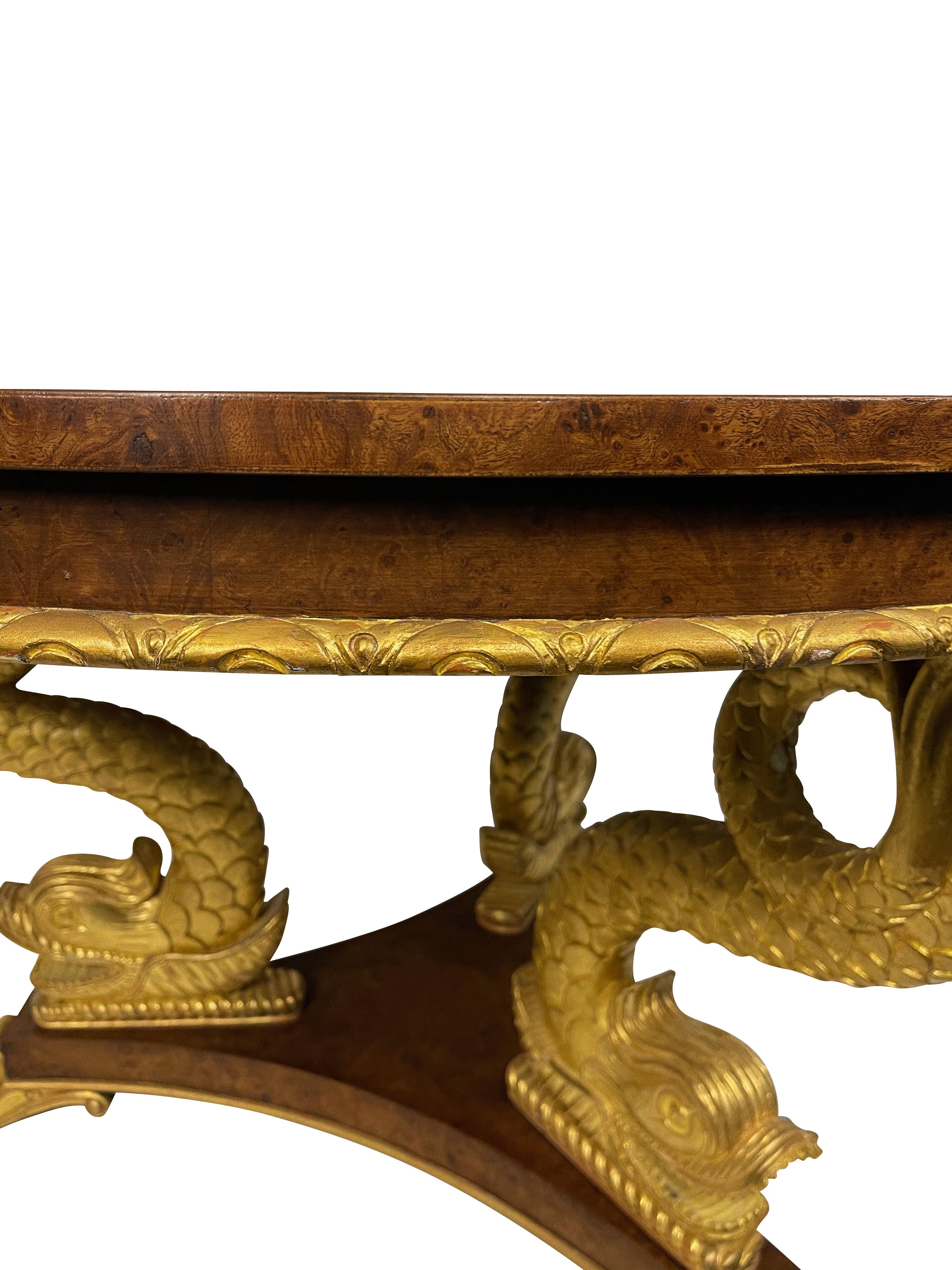 North American Smith and Watson Center Table with Gold Gilt Decorated Dolphin Base For Sale