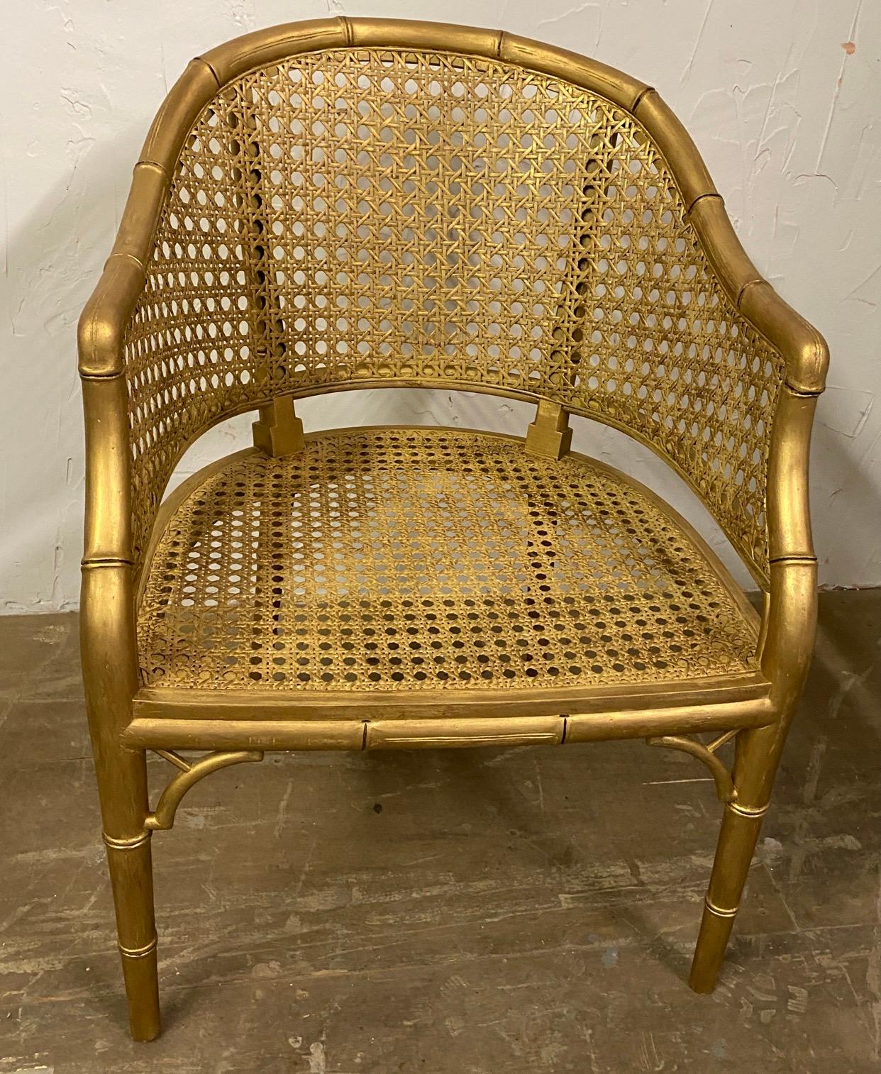 Hollywood Regency Gold Gilt Faux Bamboo Arm Chair For Sale