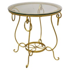 Retro Gold Gilt French René Drouet Style Scrolling Iron Round Glass Accent Side Table