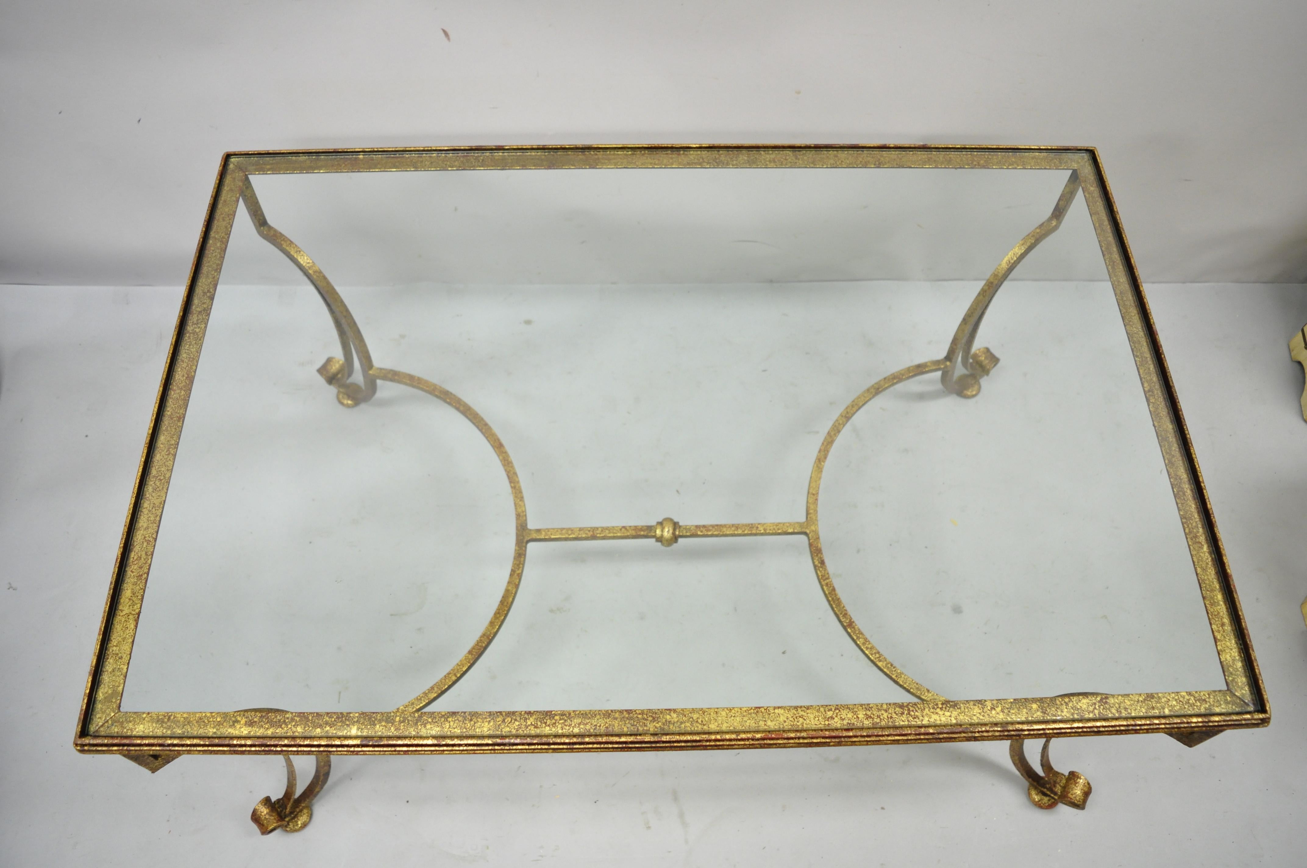 20th Century Gold Gilt Iron Glass Top Italian Hollywood Regency Rectangular Coffee Table