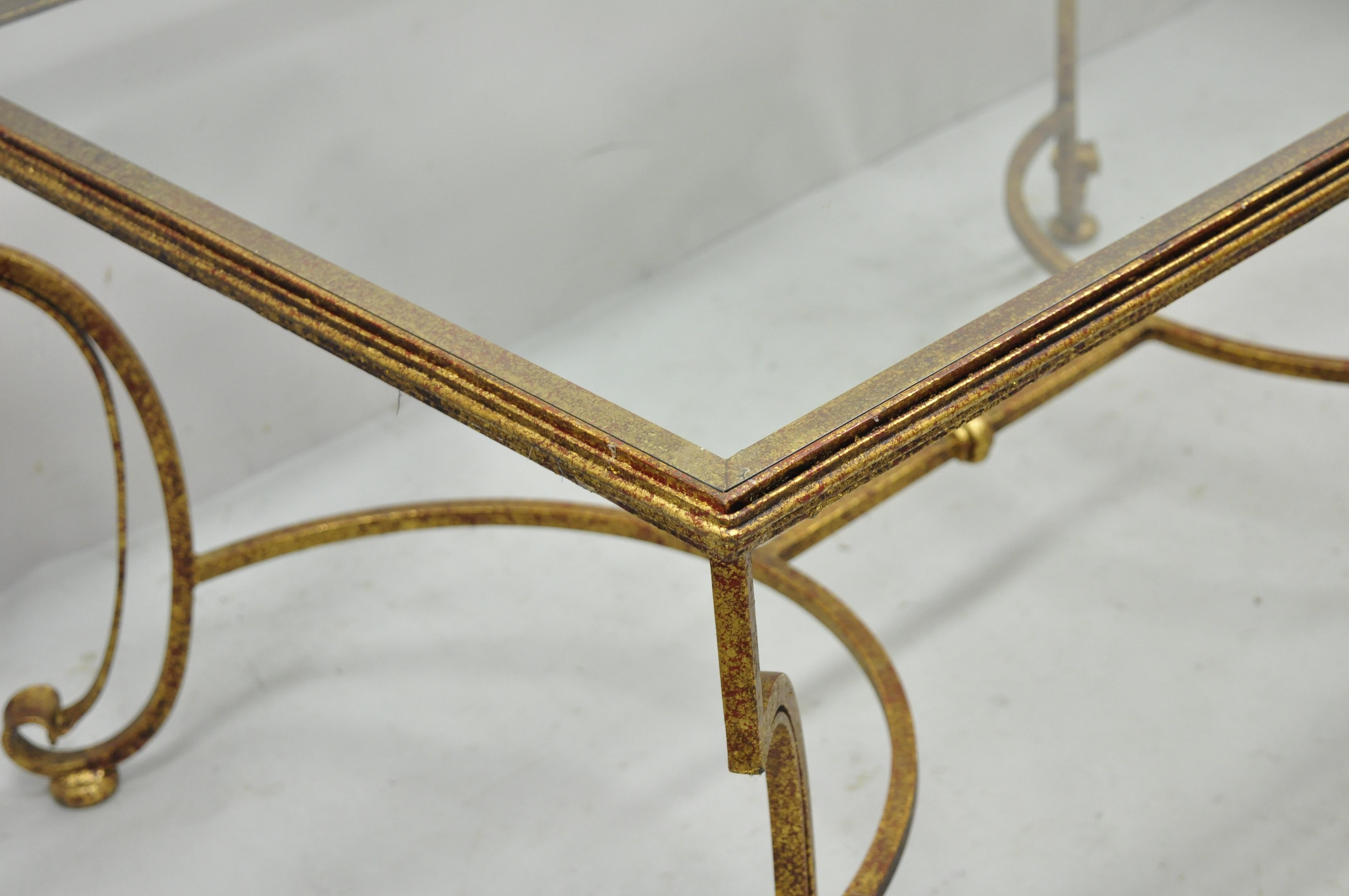 Gold Gilt Iron Glass Top Italian Hollywood Regency Rectangular Coffee Table 1