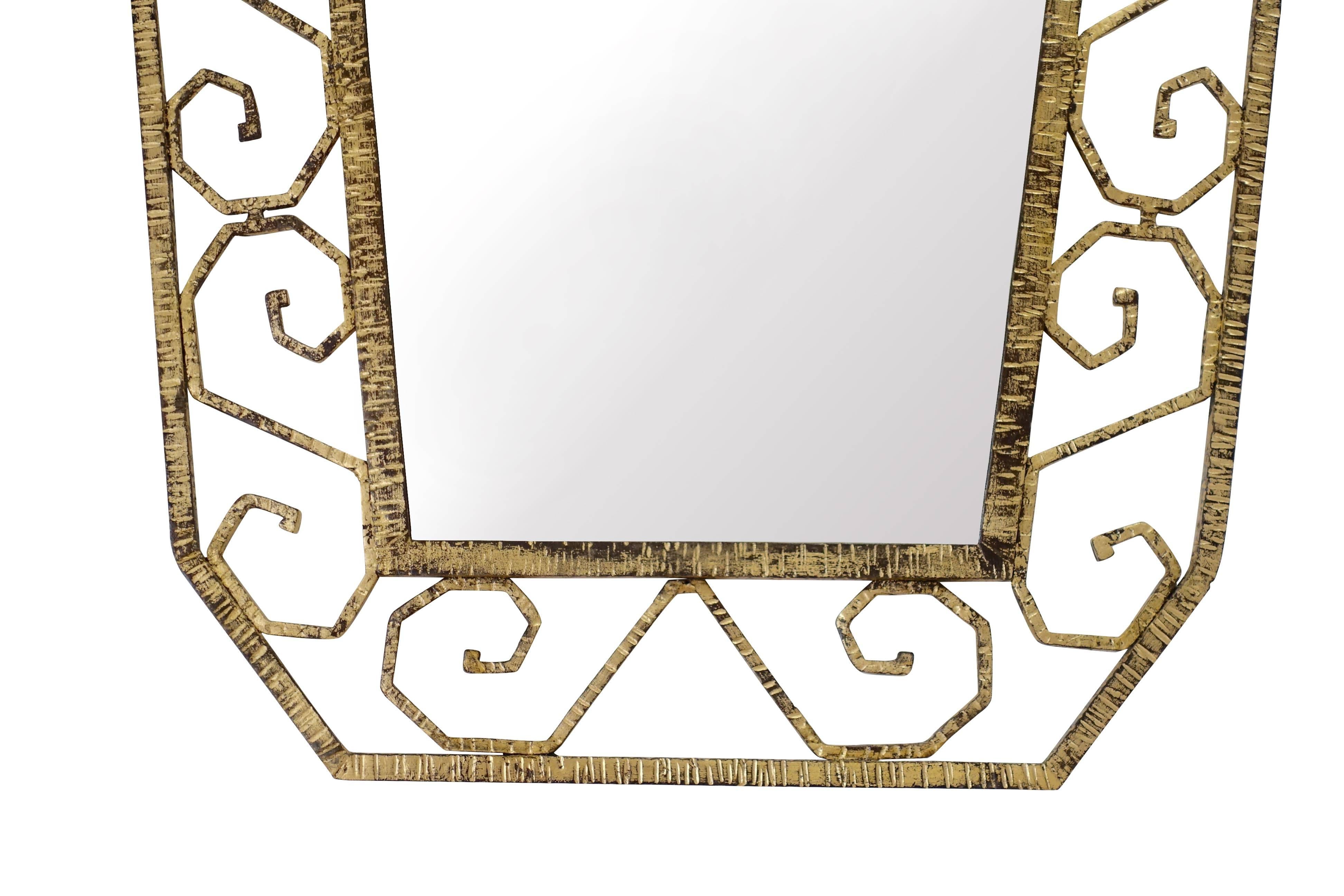 French Gold Gilt Iron Scroll Pattern Design Shield Shaped Mirror, France, 1930s