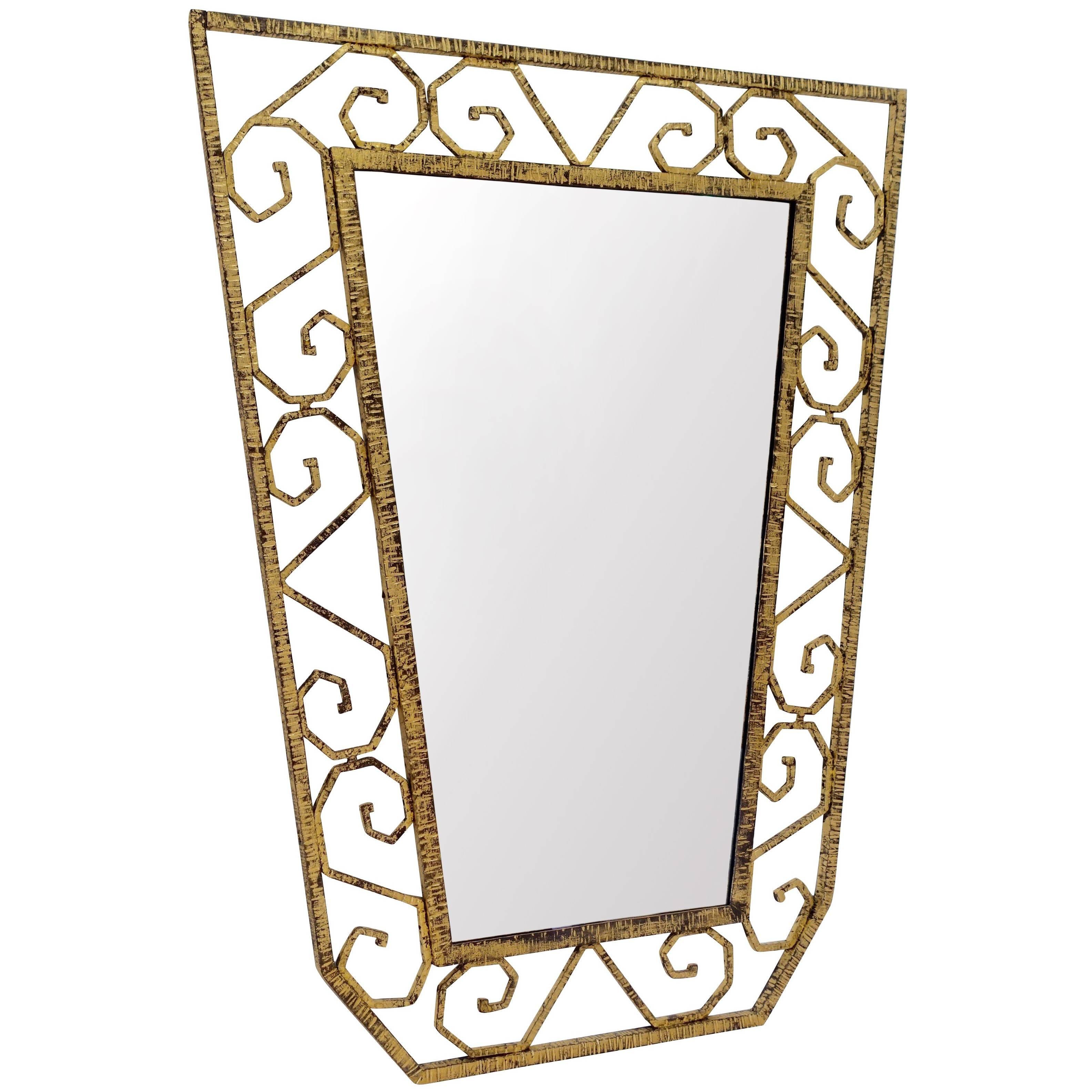 Gold Gilt Iron Scroll Pattern Design Shield Shaped Mirror, France, 1930s