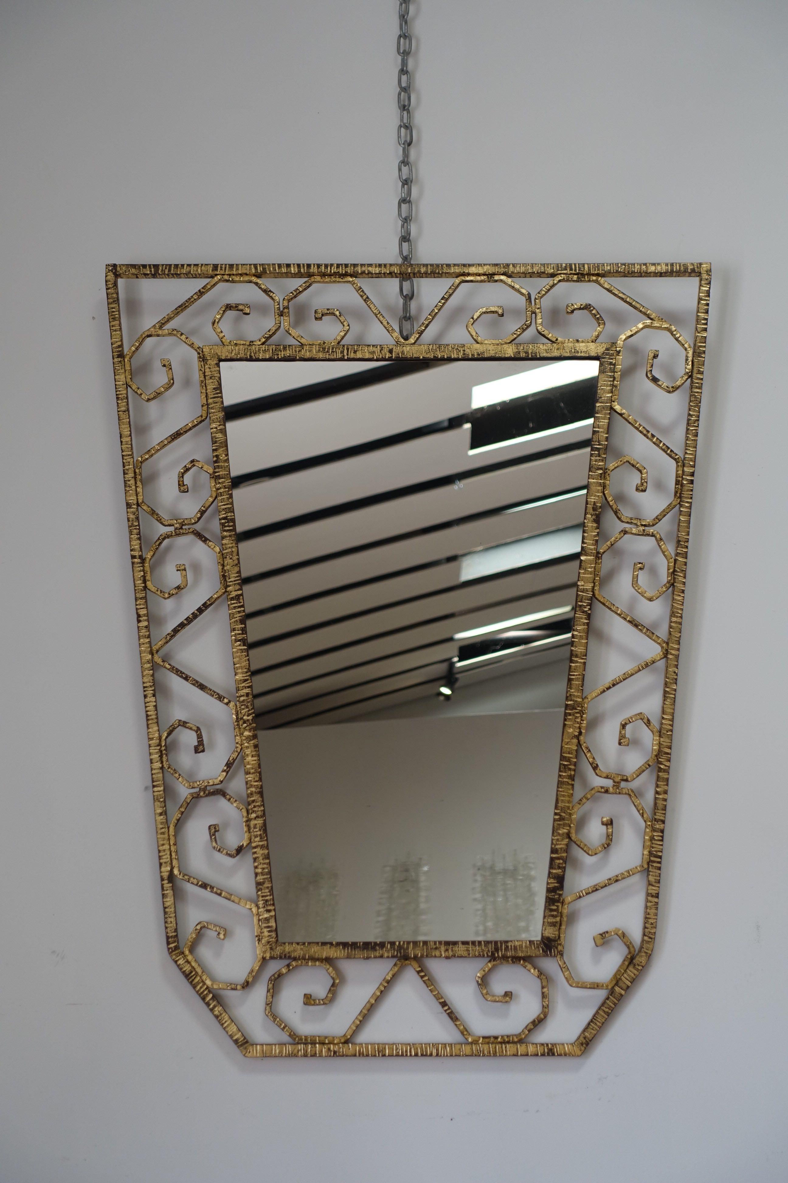 Gold Gilt Iron Scroll Pattern Design Shield Shaped Mirror, France, 1930s In Good Condition In New York, NY