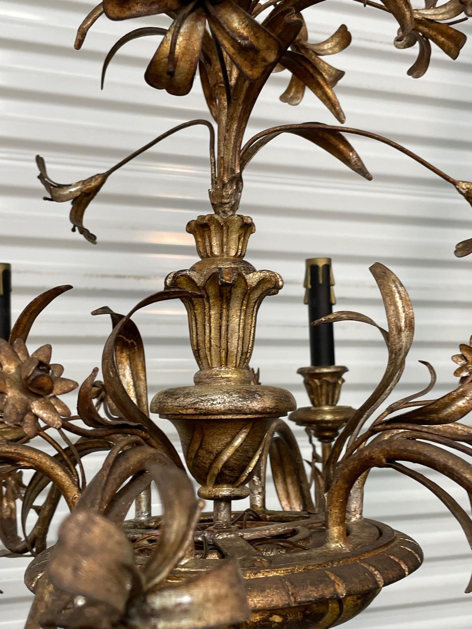 Gold Gilt Italian Tole Floral Six-Light Chandelier In Good Condition In Jacksonville, FL