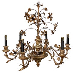 Gold Gilt Italian Tole Floral Six-Light Chandelier
