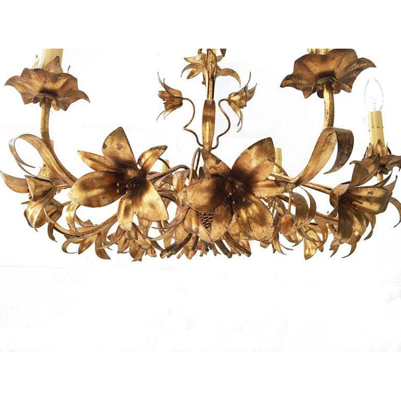 Hollywood Regency Gold Gilt Italian Tole Lily Six-Light Chandelier