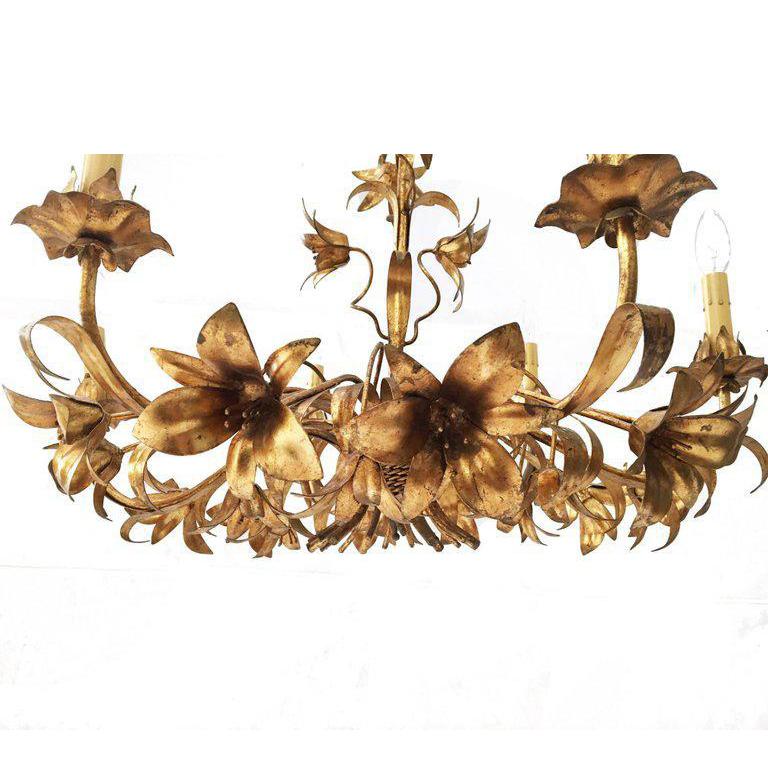 Hollywood Regency Gold Gilt Italian Tole Lily Six-Light Chandelier