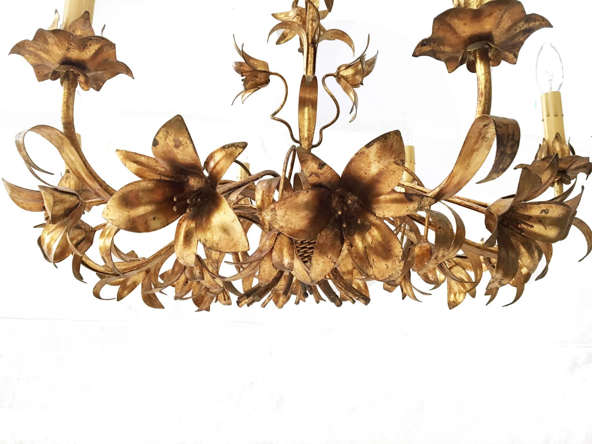 Late 20th Century Gold Gilt Italian Tole Lily Six-Light Chandelier