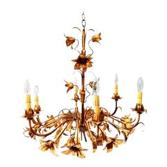 Gold Gilt Italian Tole Lily Six-Light Chandelier