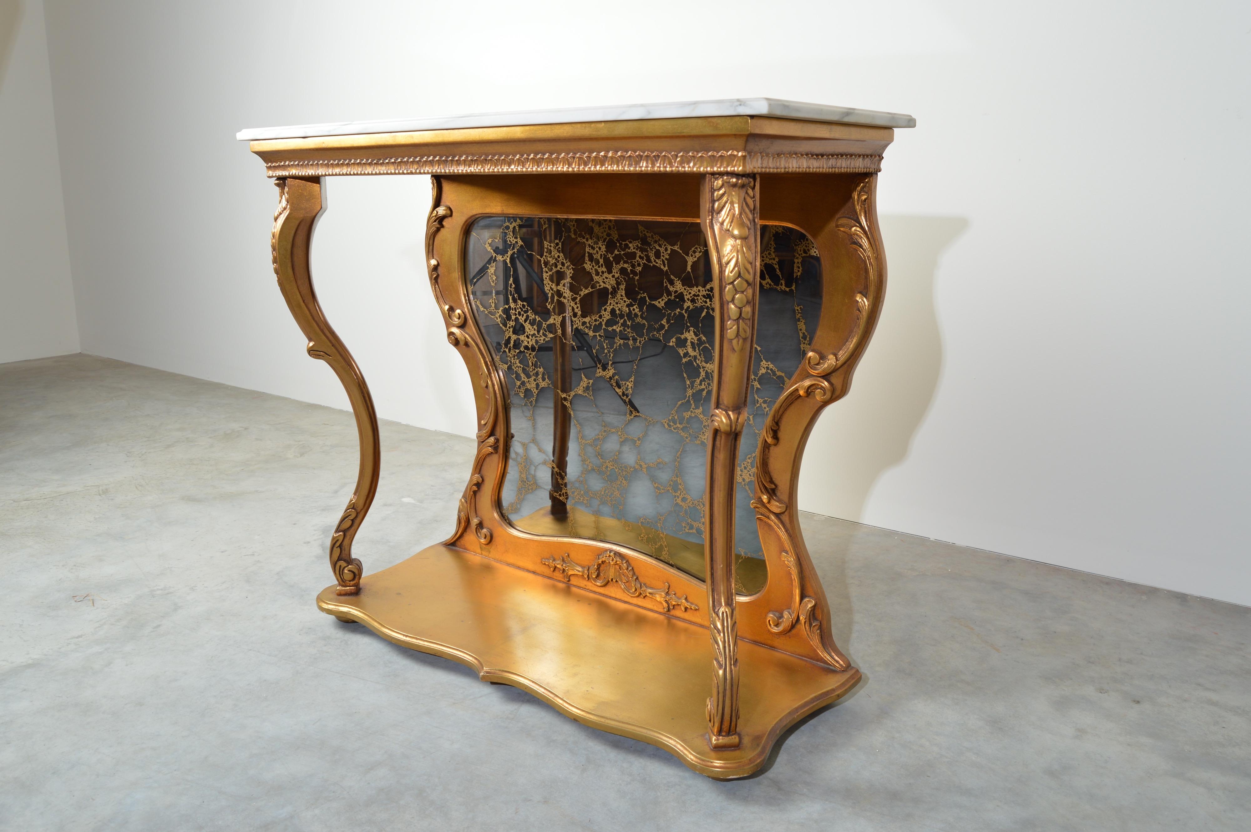 Gold Gilt Louis XV Style French Marble Top Console Table with Antiqued Mirror In Good Condition In Southampton, NJ