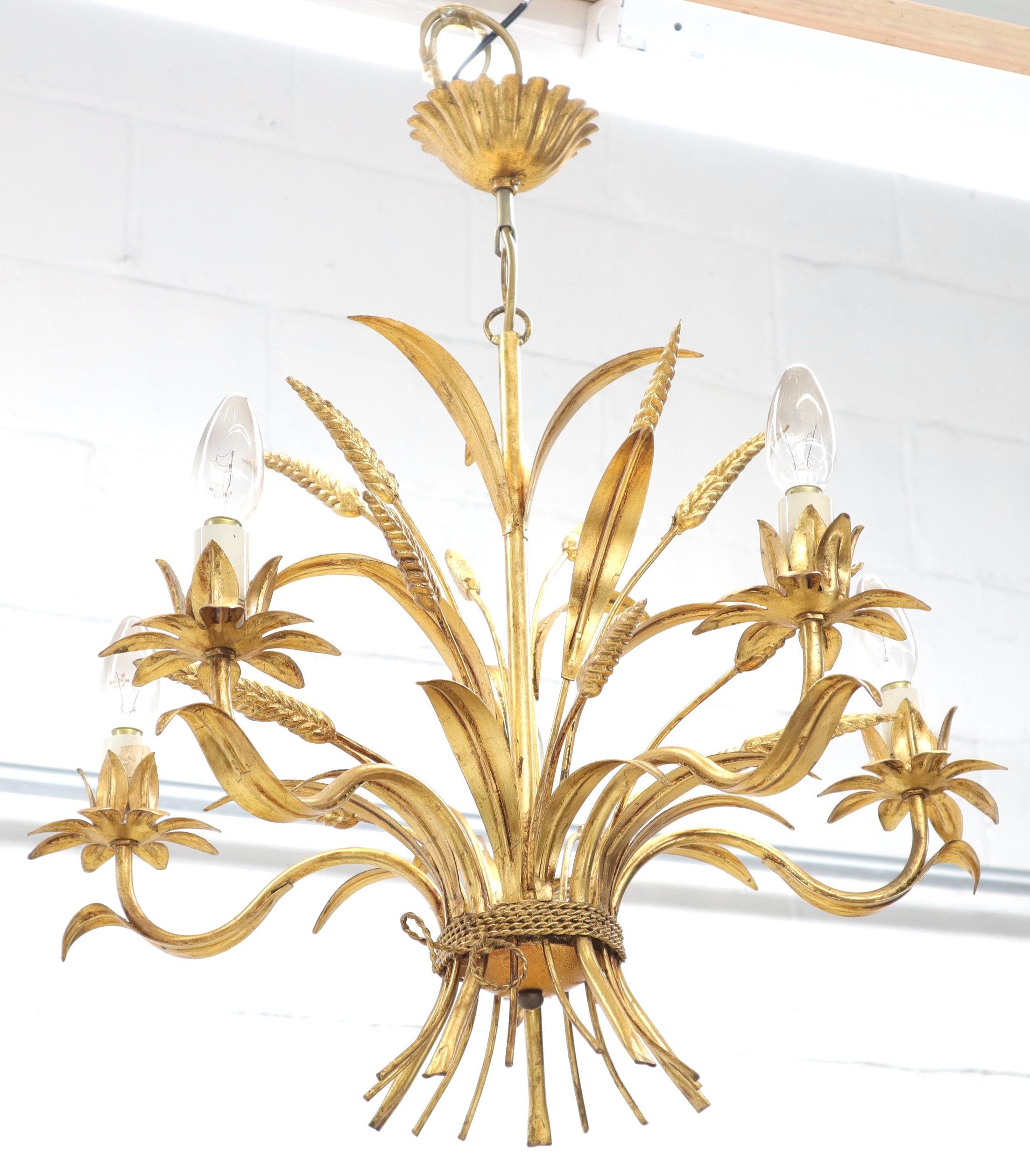 Gold Gilt Metal Cattail Sheaf Light Fixture Chandelier  In Excellent Condition For Sale In Rockaway, NJ