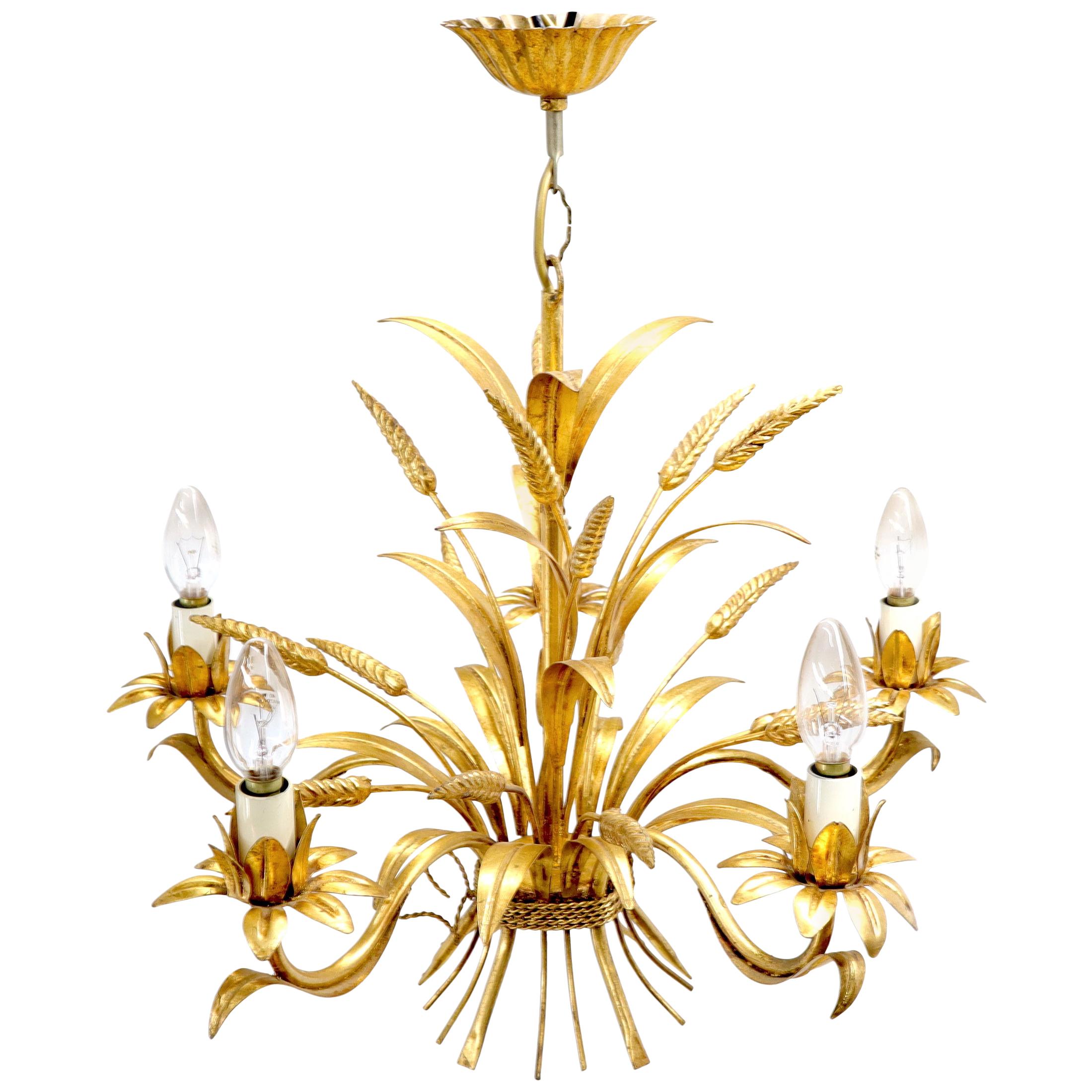 Gold Gilt Metal Cattail Sheaf Light Fixture Chandelier 