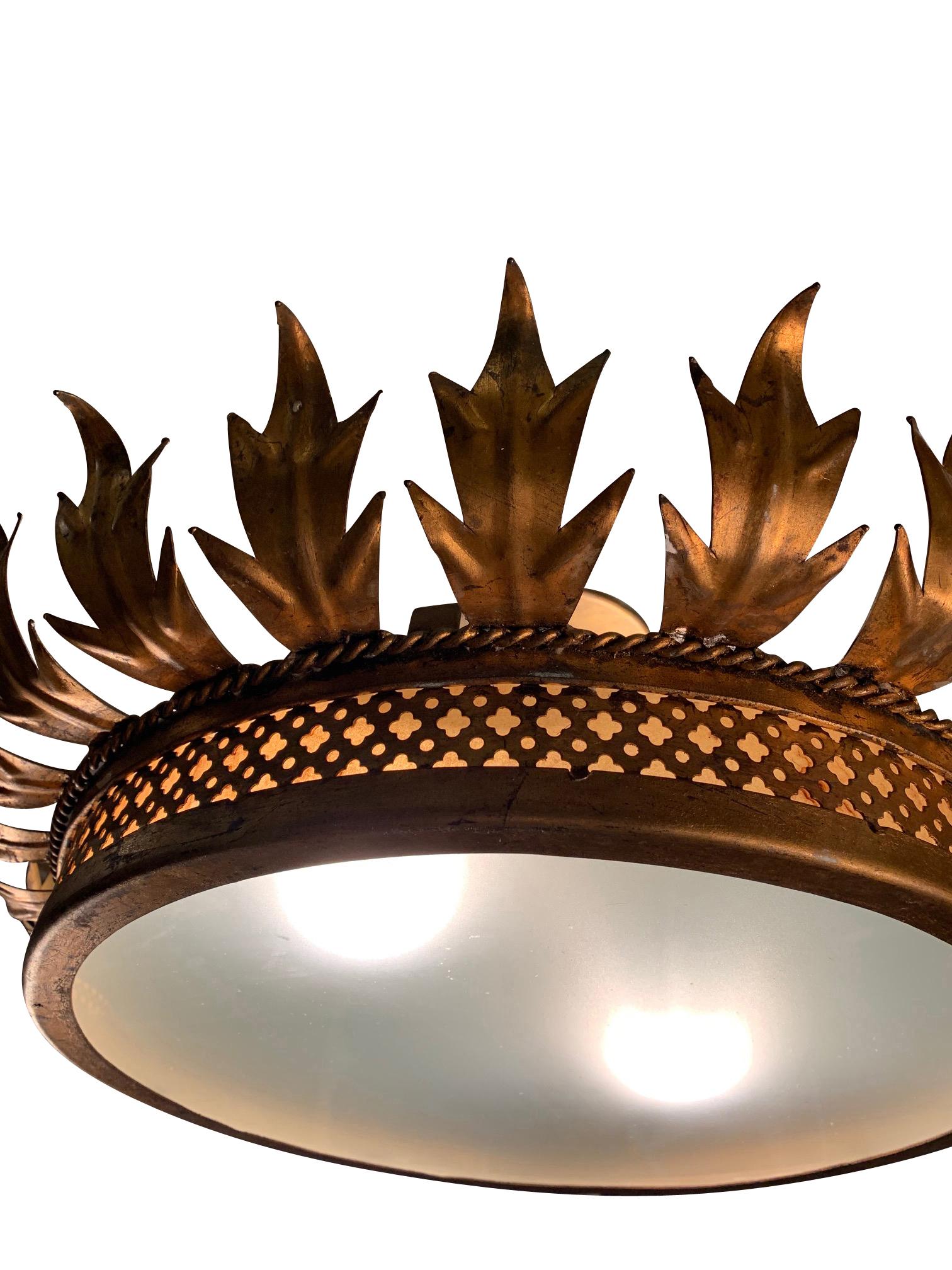 Classic midcentury Spanish gold gilt metal crown chandelier
Acanthus leaf design
Newly rewired.