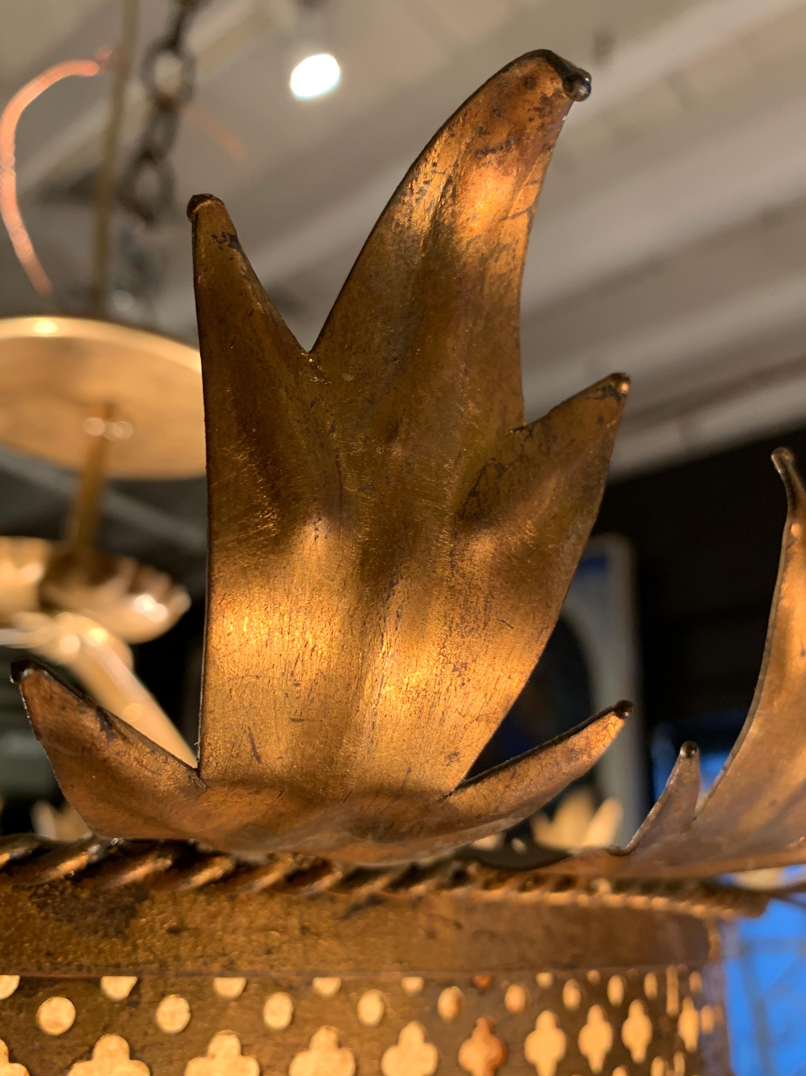 Spanish Gold Gilt Metal Crown Chandelier, Acanthus Leaf Design, Spain, Midcentury
