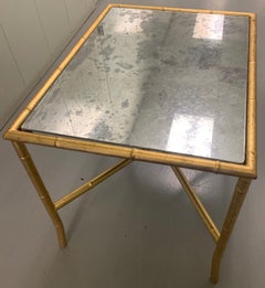 Gold Gilt Metal Faux Bamboo and Mirror Side Table