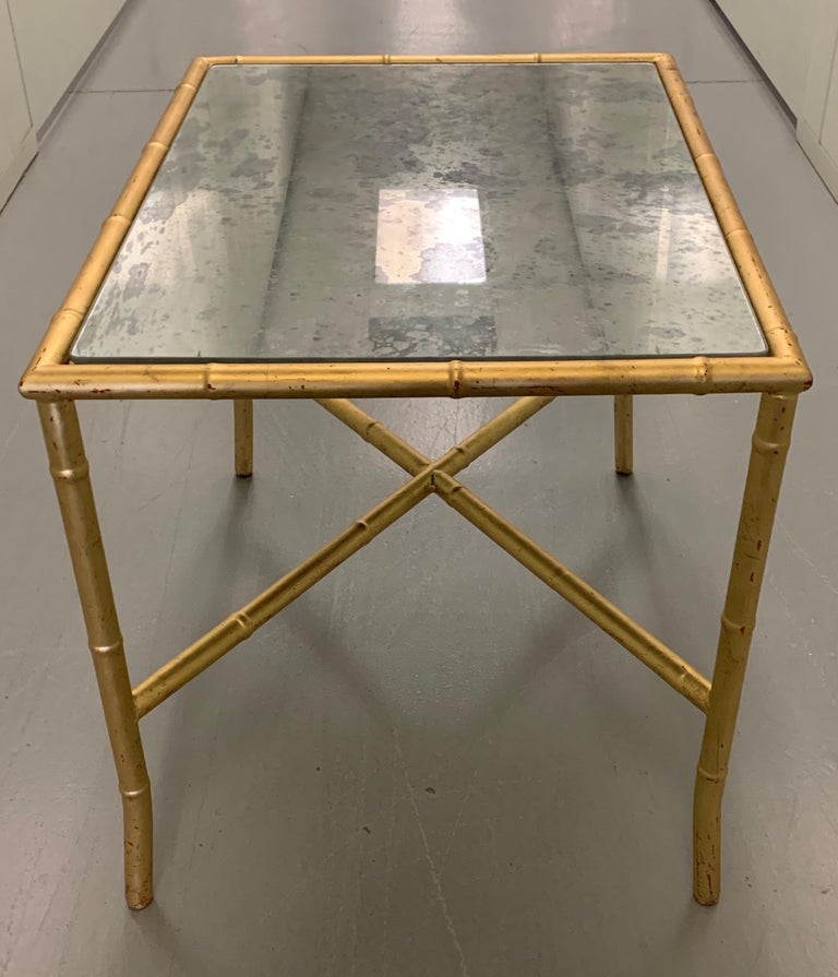 Gold Gilt Metal Faux Bamboo and Mirror Side Table For Sale at 1stDibs