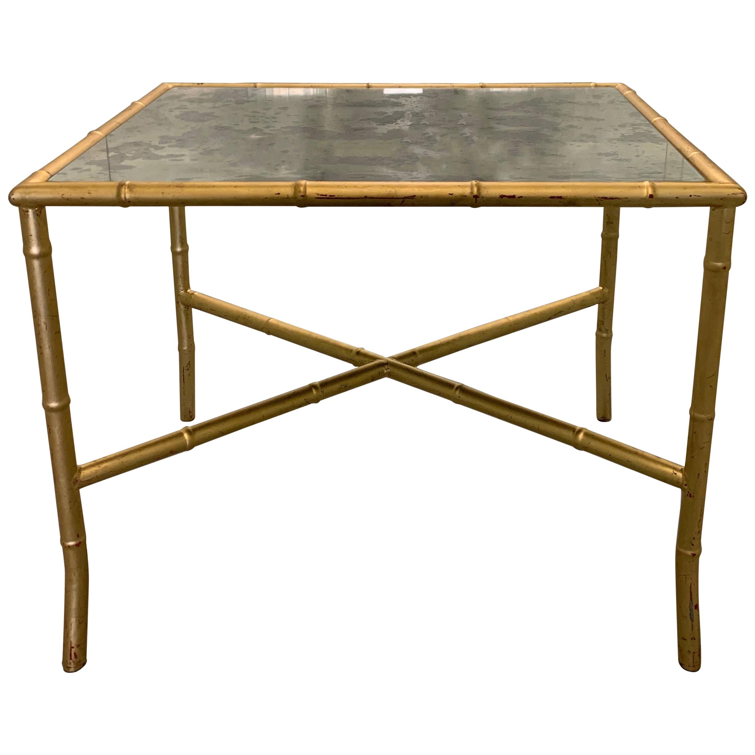 Gold Gilt Metal Faux Bamboo and Mirror Side Table