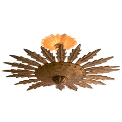 Gold Gilt Metal Leaf Design Starburst Chandelier, Spain, Midcentury