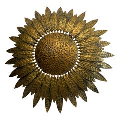 Gold Gilt Metal Starburst Chandelier, Two Rows of Leaves, Spain, Midcentury Gold Gilt Metal Starburst Chandelier, Two Rows of Leaves, Spain, Midcentury