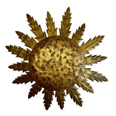 Gold Gilt Metal Starburst Chandelier, Hammered Center Dome, Spain, Midcentury