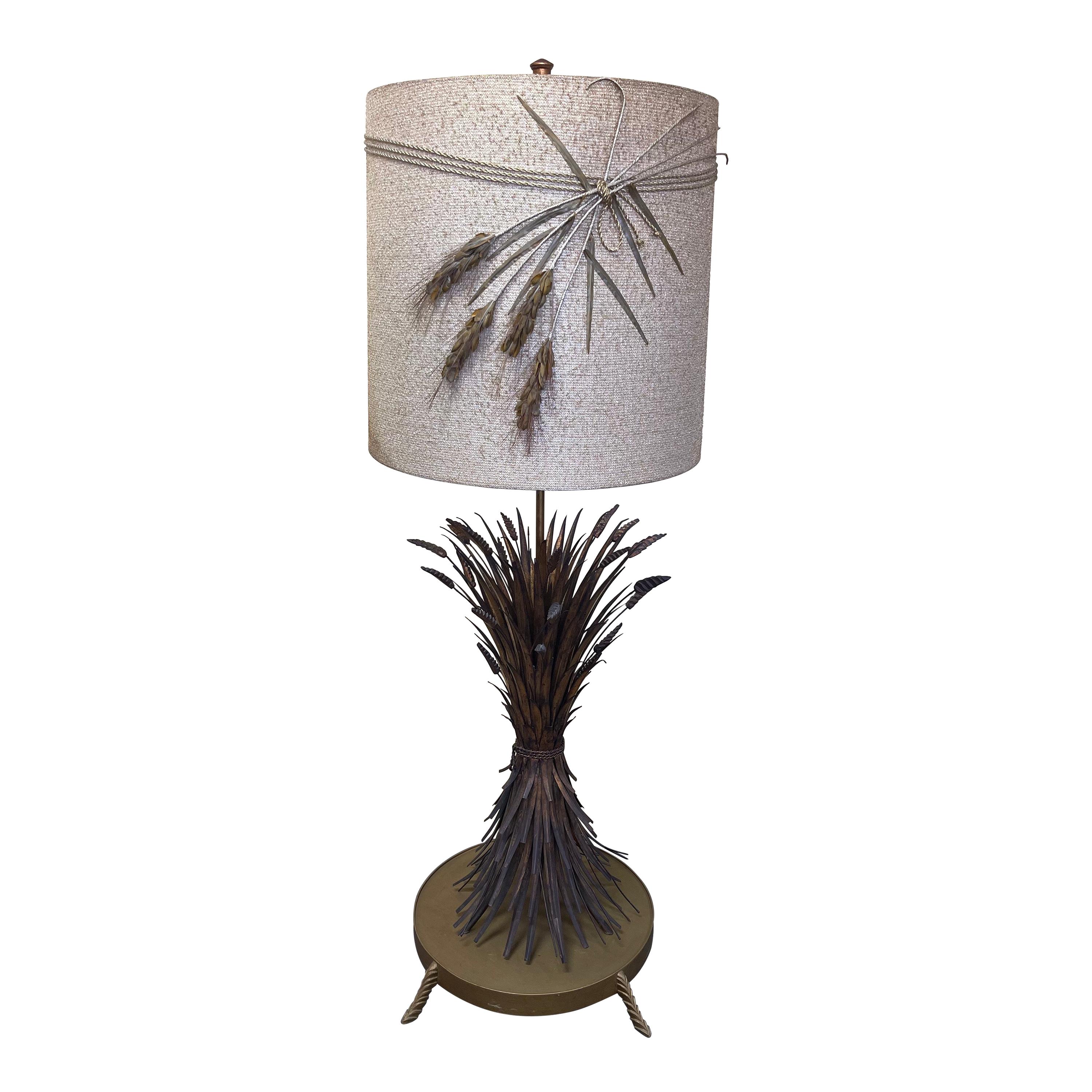 Gold Gilt Sheaf of Wheat Italian Floor Lamp with Original Shade For Sale