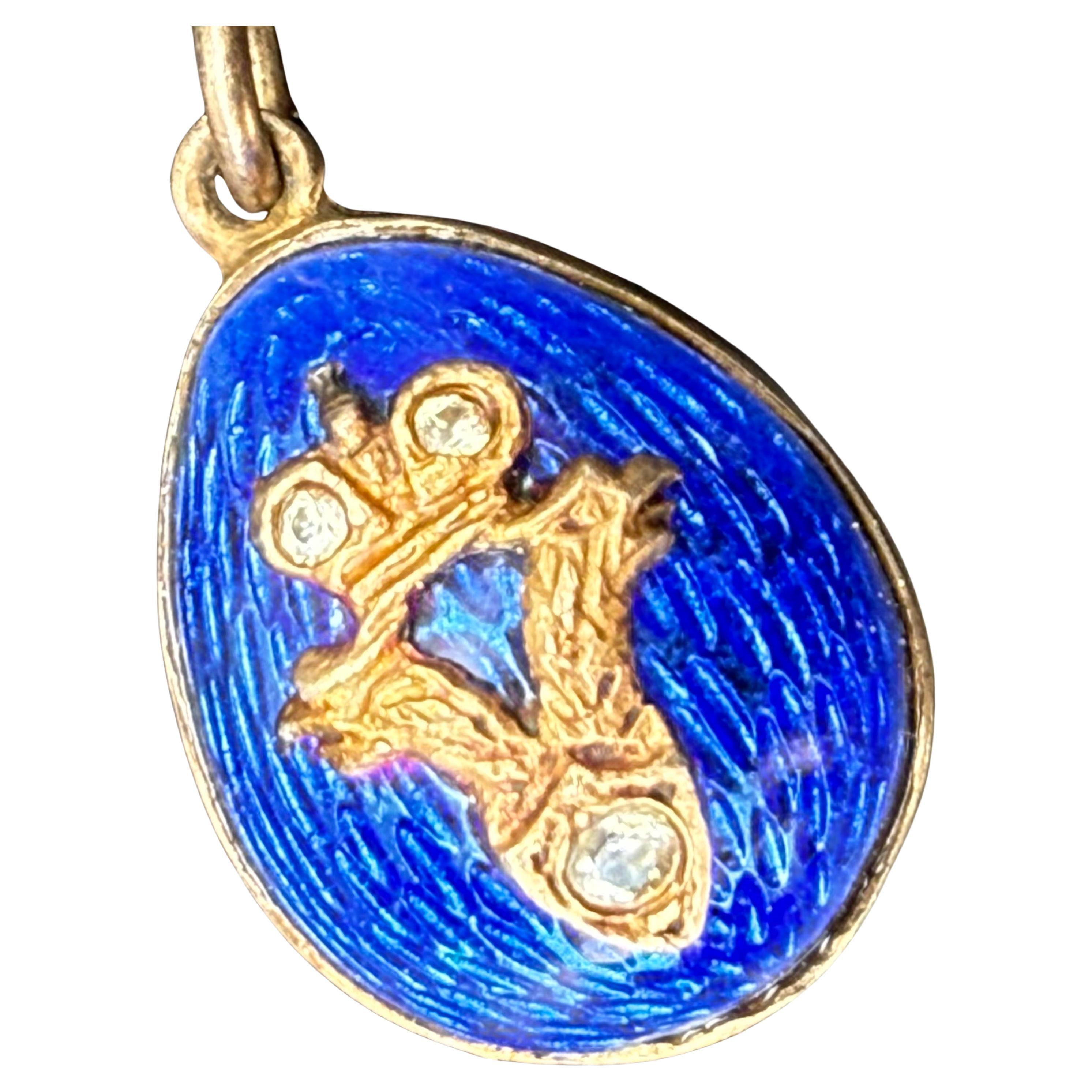 Gold Gilt Silver Blue Enamel Egg Pendant Charm