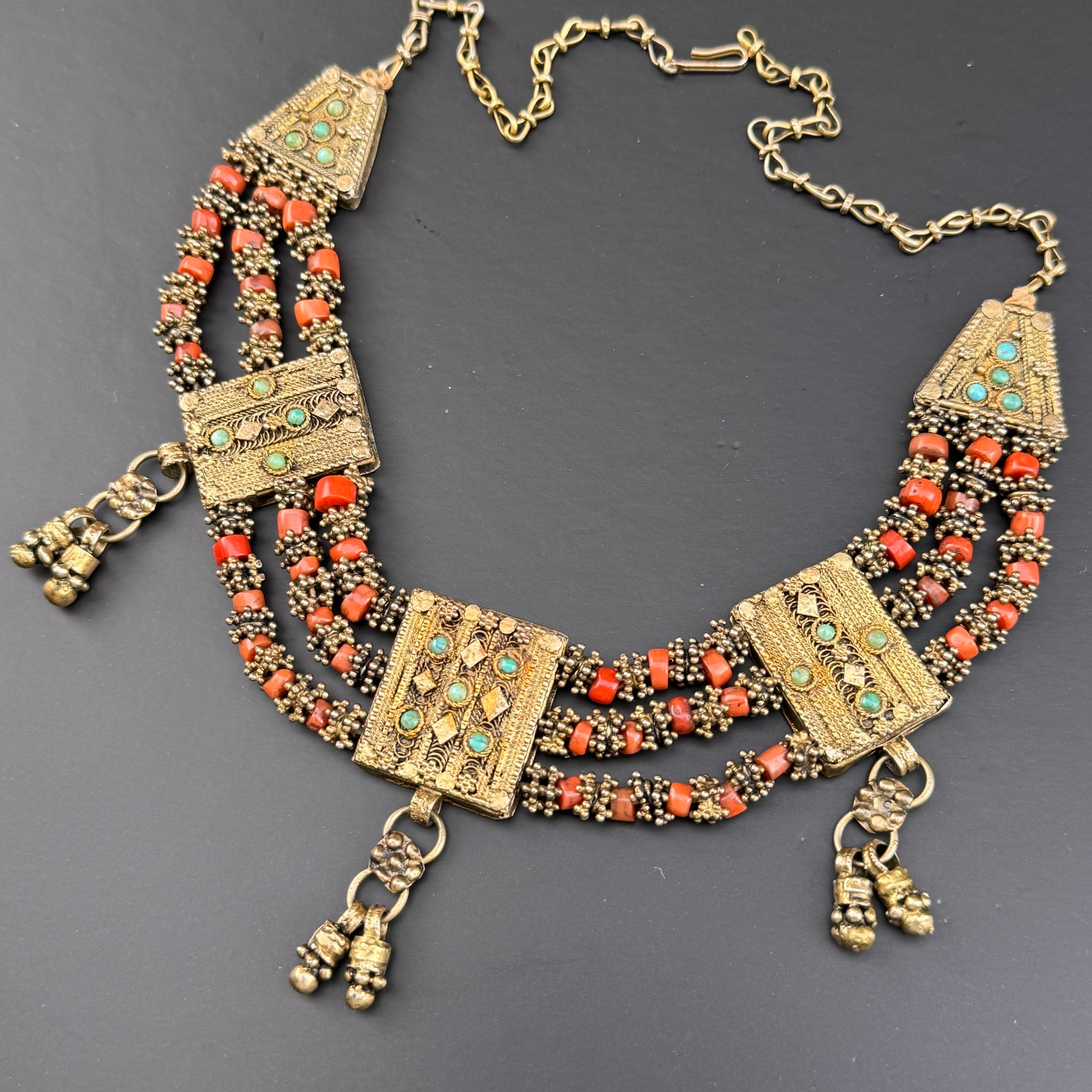 Art Deco Gold gilt silver Coral bin necklace Handmade