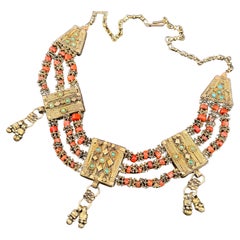 Vintage Gold gilt silver Coral bin necklace Handmade 