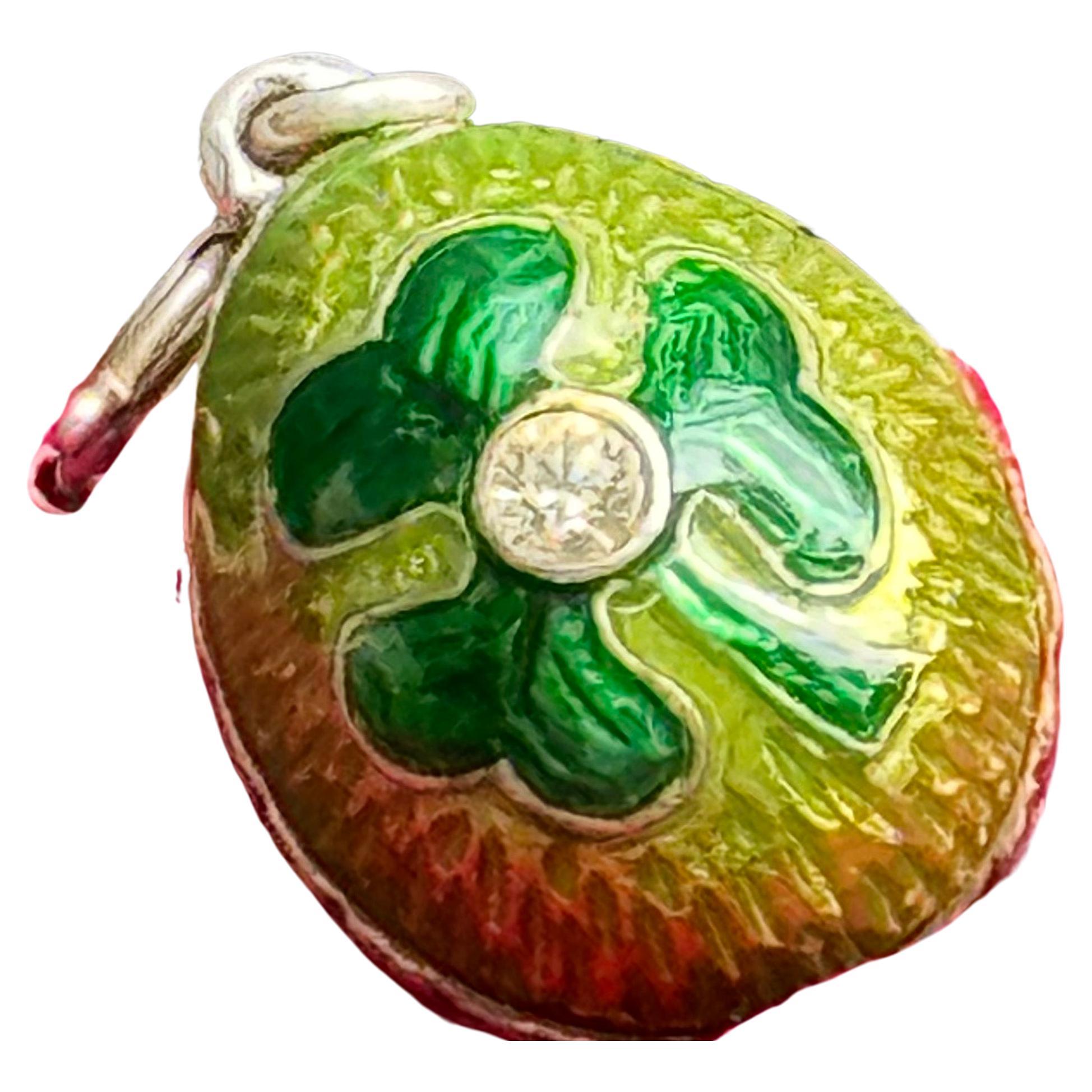 Gold Gilt  Silver  Enamel Egg Pendant Charm 3 Clover Leaf